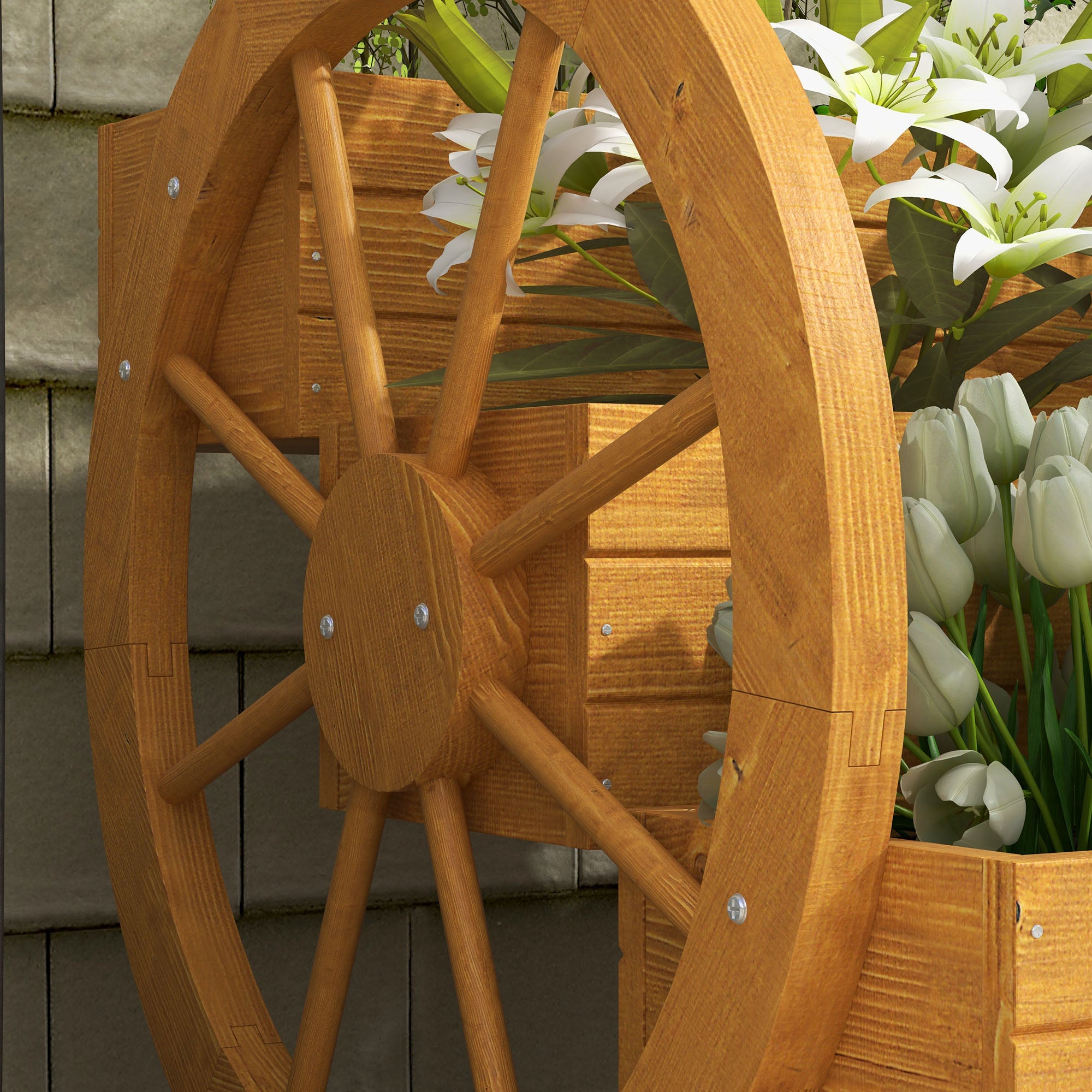 Wooden Raised Garden Bed, Planter Box with 3 Tiers, Vegetable Planter with Wagon Wheel Design, Herb Garden with Drainage Holes for Garden, Balcony, Teak, 61 x 62 x 57 cm