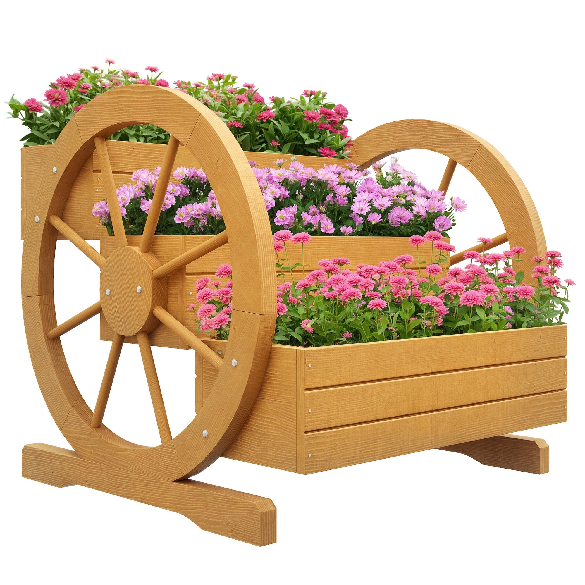 Wooden Raised Garden Bed, Planter Box with 3 Tiers, Vegetable Planter with Wagon Wheel Design, Herb Garden with Drainage Holes for Garden, Balcony, Teak, 61 x 62 x 57 cm