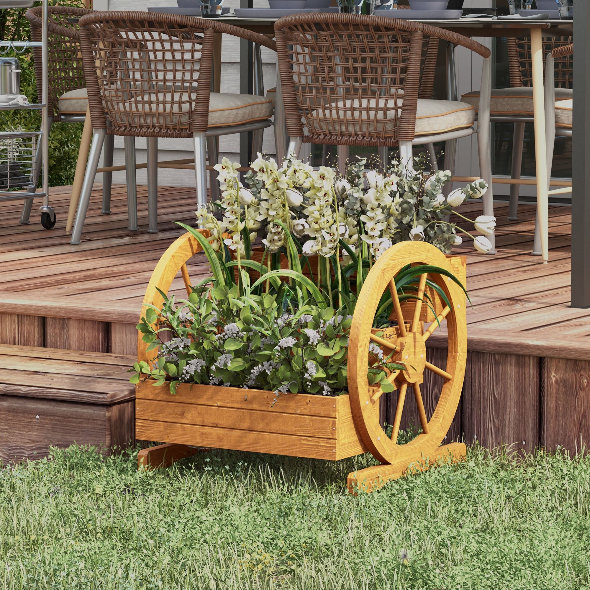 Wooden Raised Garden Bed, Planter Box with 3 Tiers, Vegetable Planter with Wagon Wheel Design, Herb Garden with Drainage Holes for Garden, Balcony, Teak, 61 x 62 x 57 cm