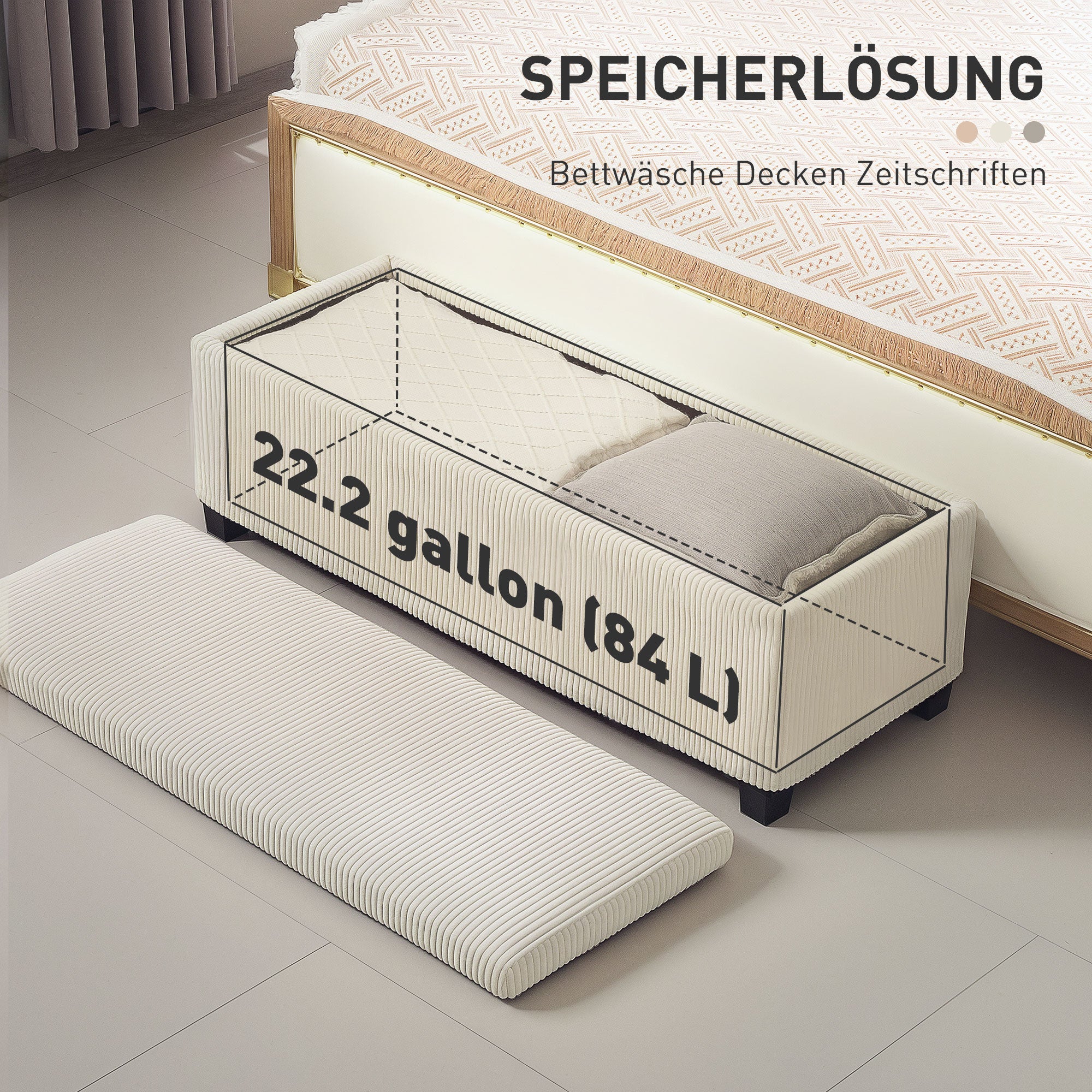 Storage Ottoman Bench with Corduroy Upholstery, Storage Chest with Steel Legs, Storage Bench for Living Room, Bedroom, Hallway 112 x 42 x 40 cm, Beige