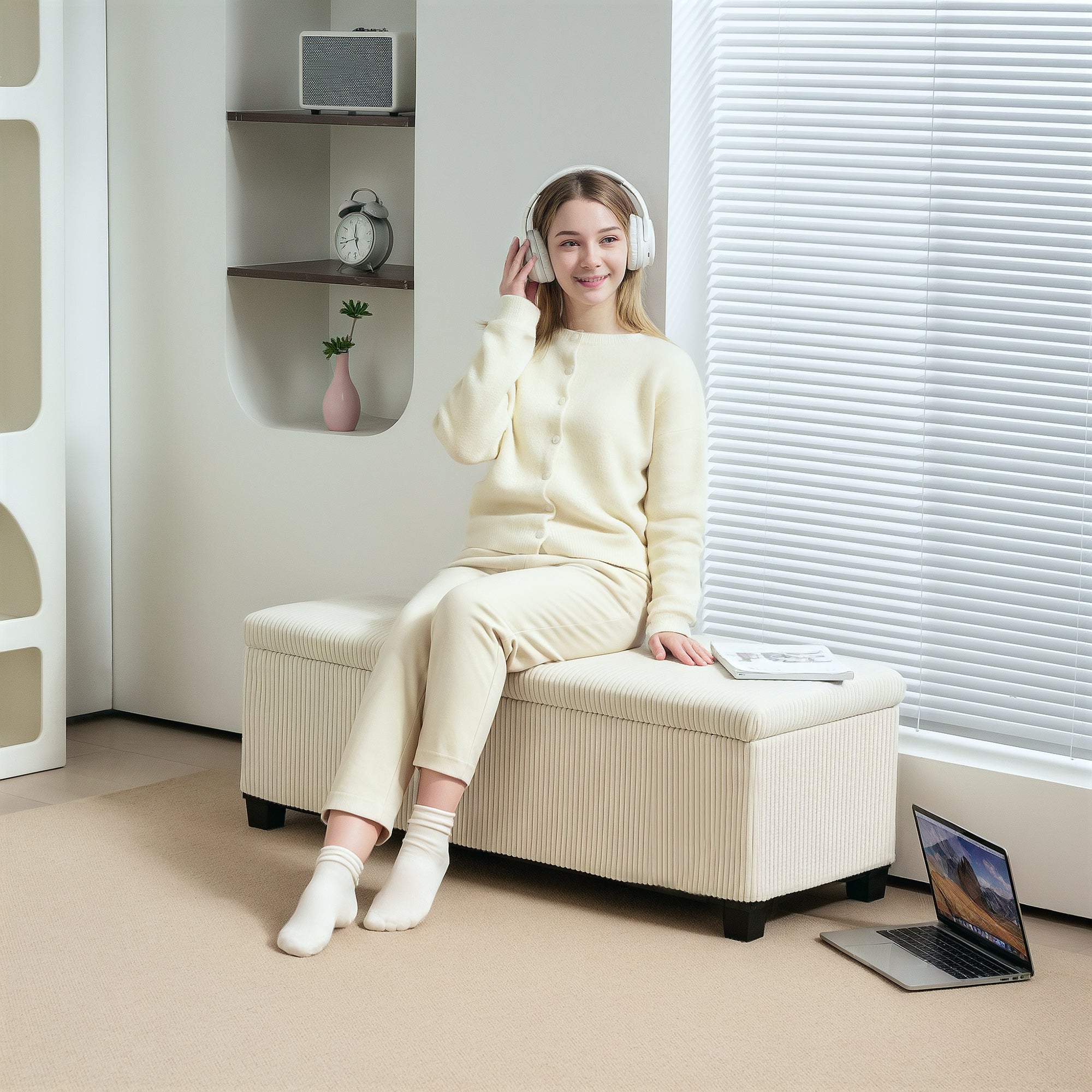 Storage Ottoman Bench with Corduroy Upholstery, Storage Chest with Steel Legs, Storage Bench for Living Room, Bedroom, Hallway 112 x 42 x 40 cm, Beige