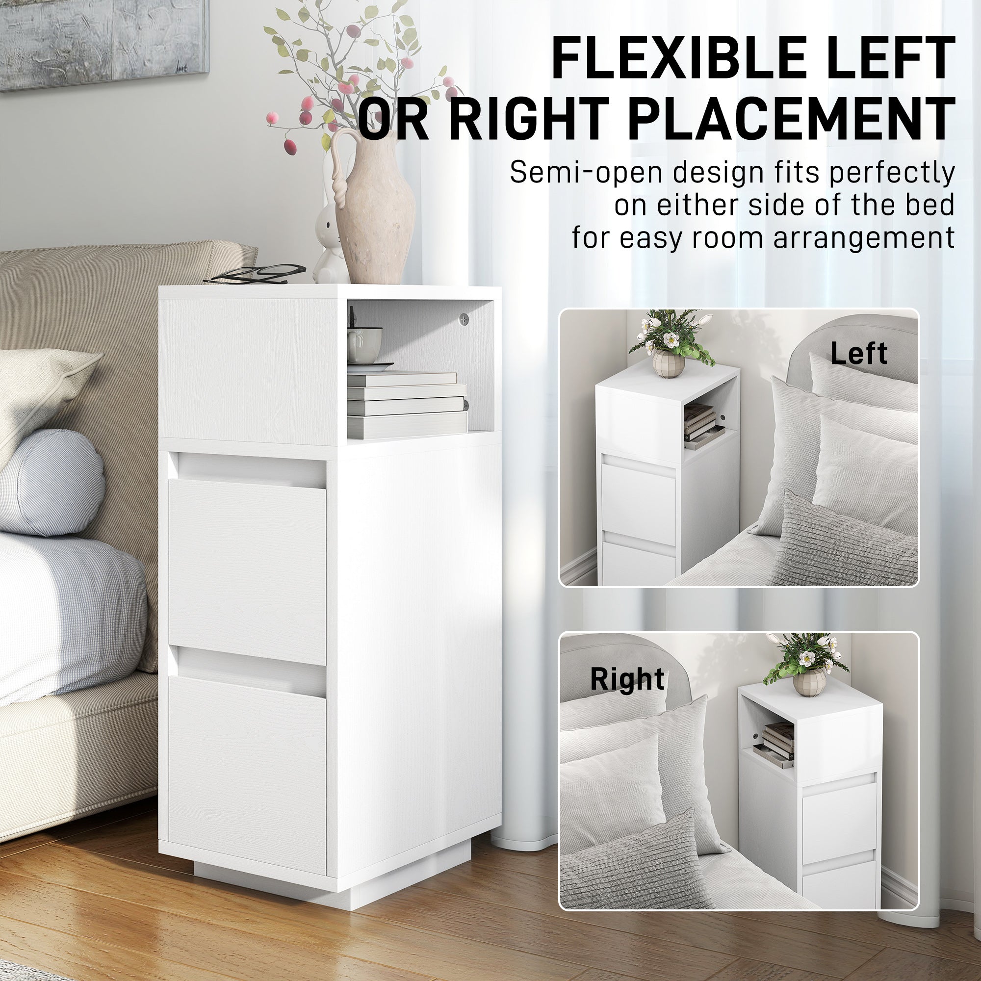 Set of 2 Slim Tall Nightstands with 2 Drawers & Open Shelf — Space-Saving Modern Bedside Tables for Bedroom & Living Room, 9.8x11.8x25.6 in, White
