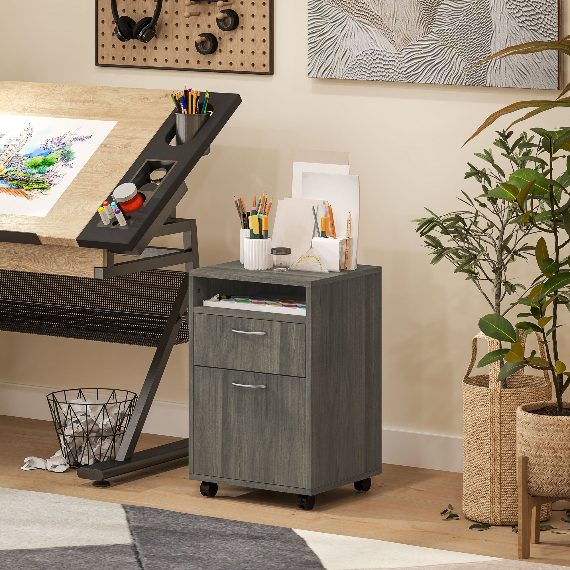Office File Cabinet with Drawer, Cupboard, Locking Casters & Open Shelf — Fits Letter/Legal/A4, 15.7"x13.8"x23.6", Gray