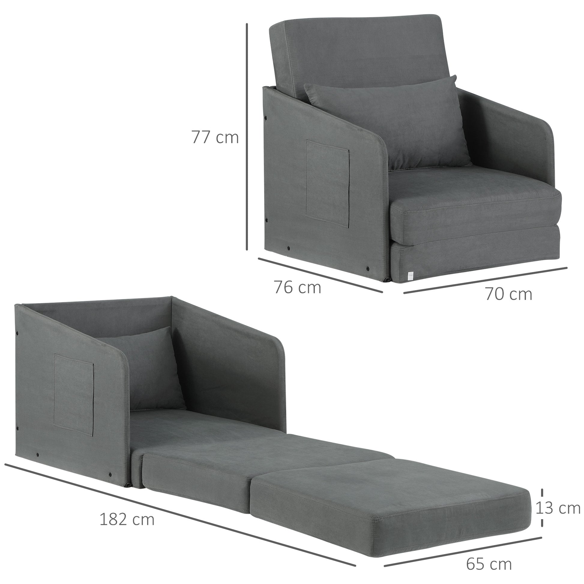 Sleeper Sofa Bed Single Sofa Washable Cover 2 Side Pockets Pillow Metal Gray 70 x 76 x 77 cm