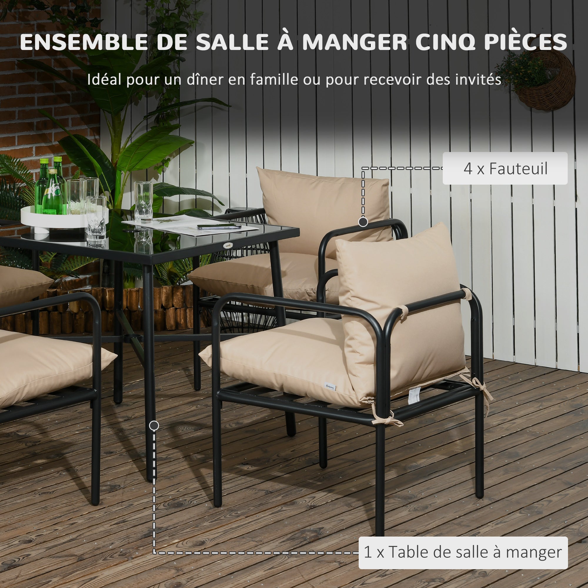 Outdoor Steel Garden Furniture Set Table and Chairs - 5 Pieces with 1 Square Dining Table and 4 Chairs 4 Cushions - Tempered Glass Tabletop with Umbrella Hole