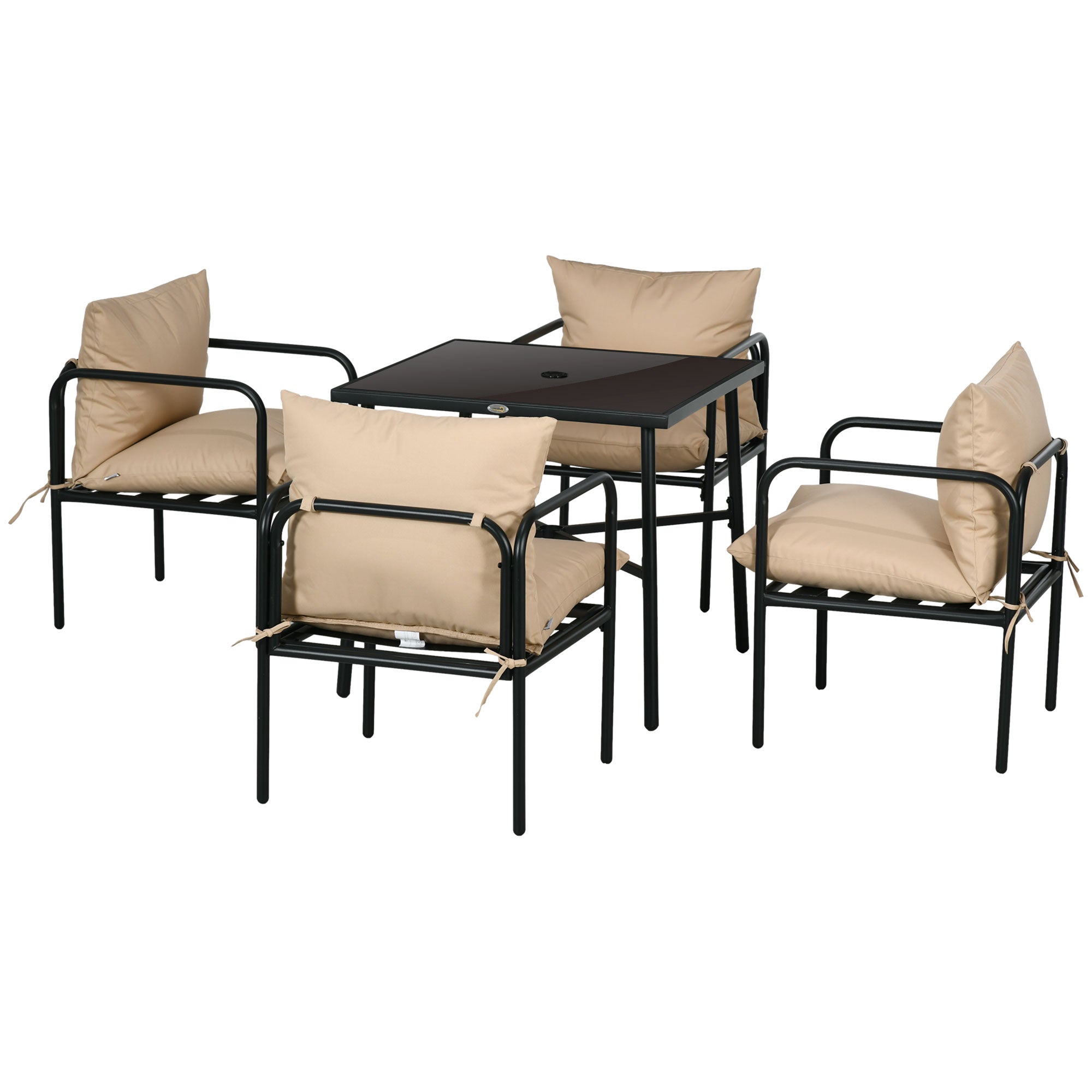 Outdoor Steel Garden Furniture Set Table and Chairs - 5 Pieces with 1 Square Dining Table and 4 Chairs 4 Cushions - Tempered Glass Tabletop with Umbrella Hole
