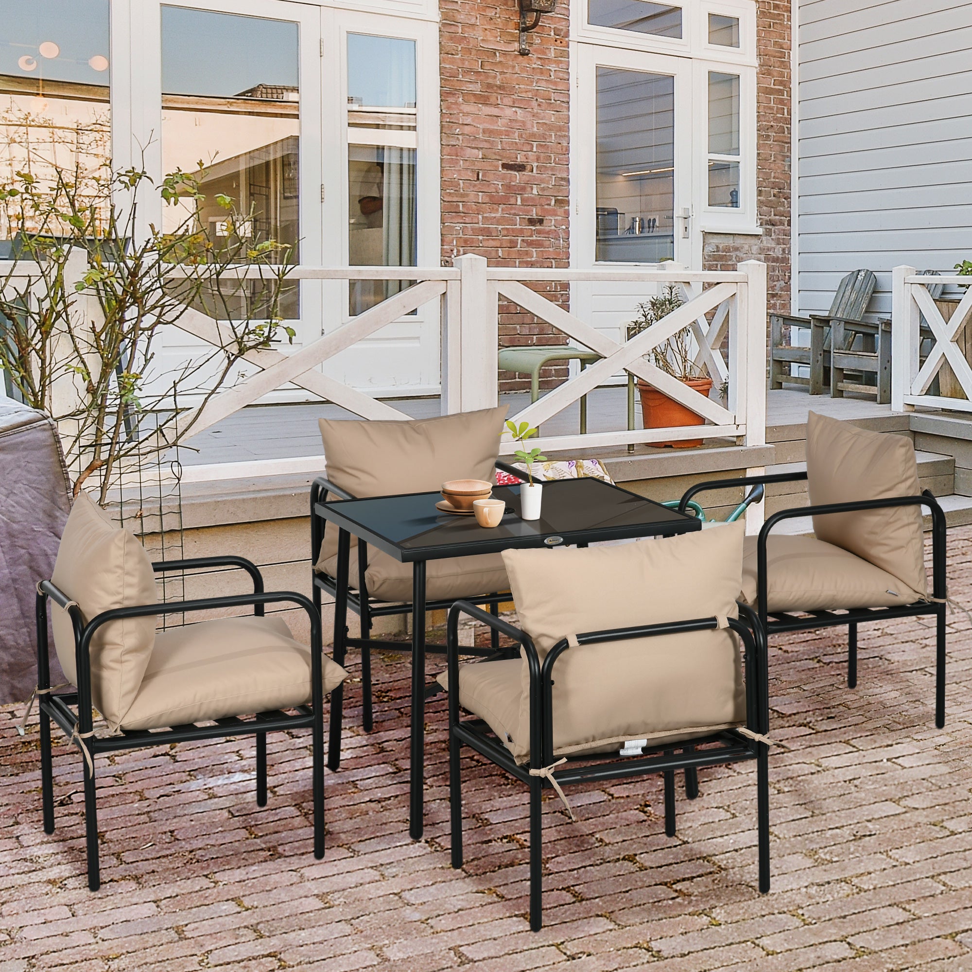 Outdoor Steel Garden Furniture Set Table and Chairs - 5 Pieces with 1 Square Dining Table and 4 Chairs 4 Cushions - Tempered Glass Tabletop with Umbrella Hole