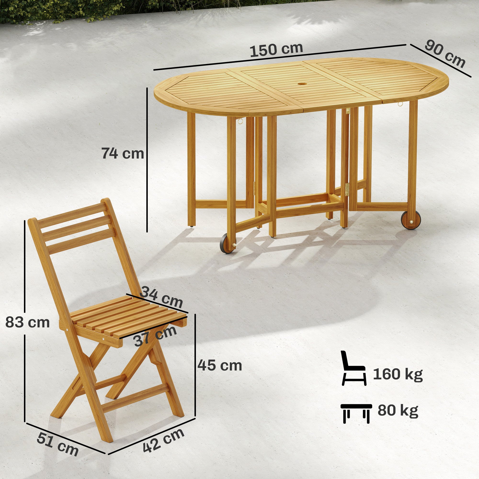 7-Piece FSC Acacia Outdoor Dining Set — Extendable Table & 6 Folding Chairs, Weather-Resistant, Natural Finish, Umbrella Hole