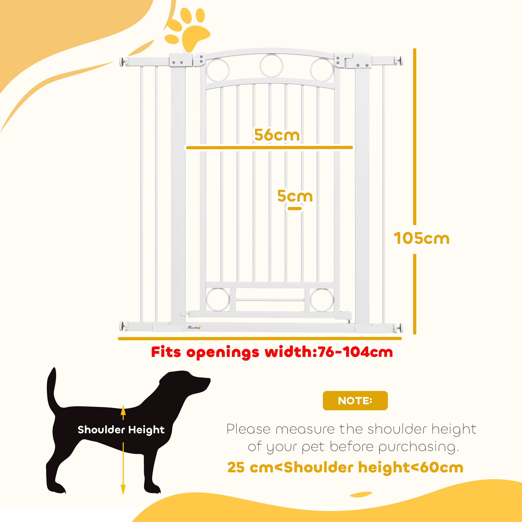 Expandable Dog Safety Gate 76-104 cm for Doors and Stairs Pet Safety Gate Height 105 cm with Pressure Mounting Double Lock and 2 Extensions White