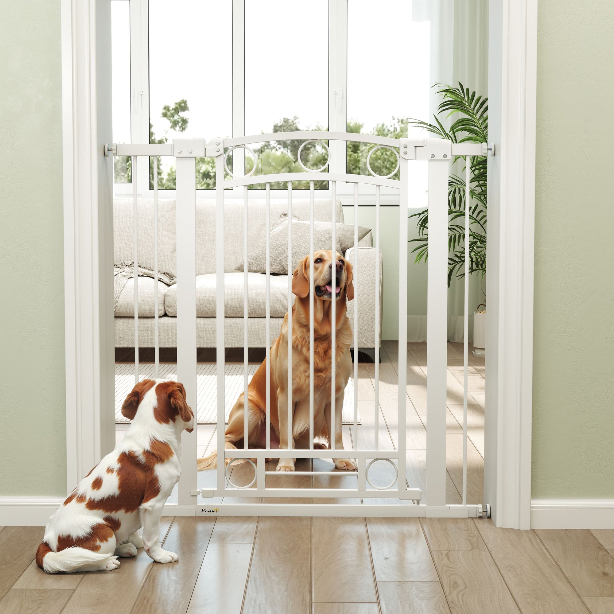 Expandable Dog Safety Gate 76-104 cm for Doors and Stairs Pet Safety Gate Height 105 cm with Pressure Mounting Double Lock and 2 Extensions White