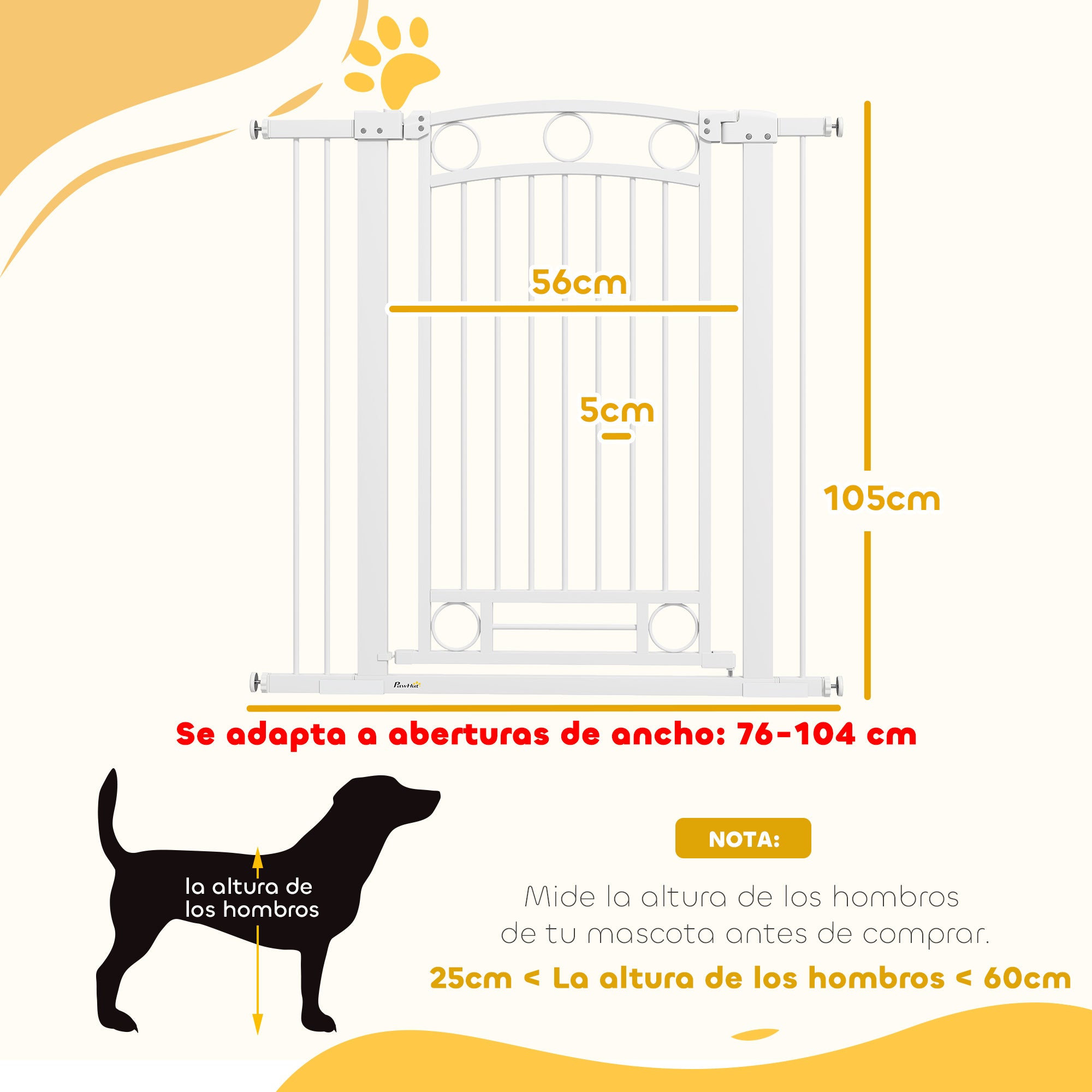 Expandable Dog Safety Gate 76-104 cm for Doors and Stairs Pet Safety Gate Height 105 cm with Pressure Mounting Double Lock and 2 Extensions White