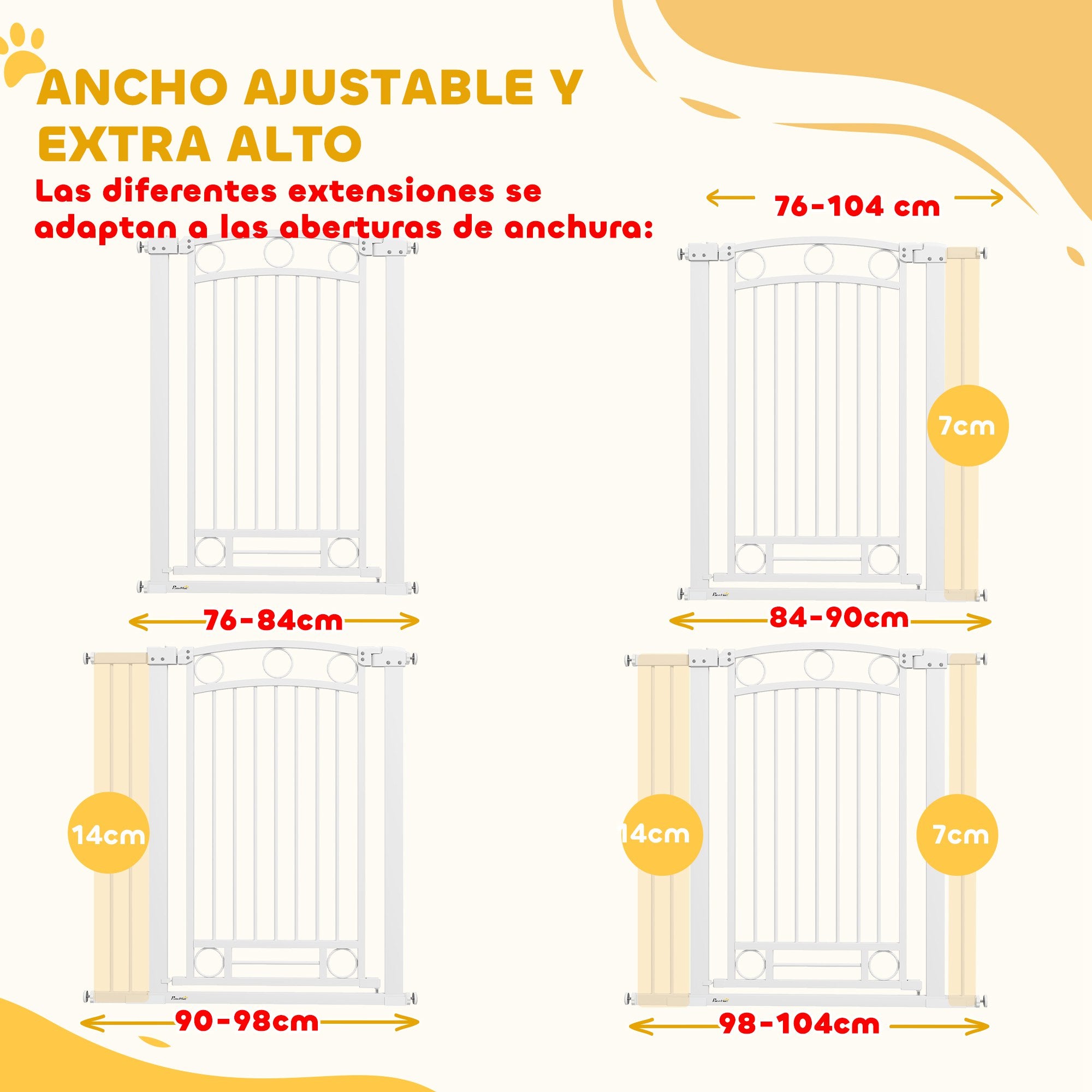 Expandable Dog Safety Gate 76-104 cm for Doors and Stairs Pet Safety Gate Height 105 cm with Pressure Mounting Double Lock and 2 Extensions White