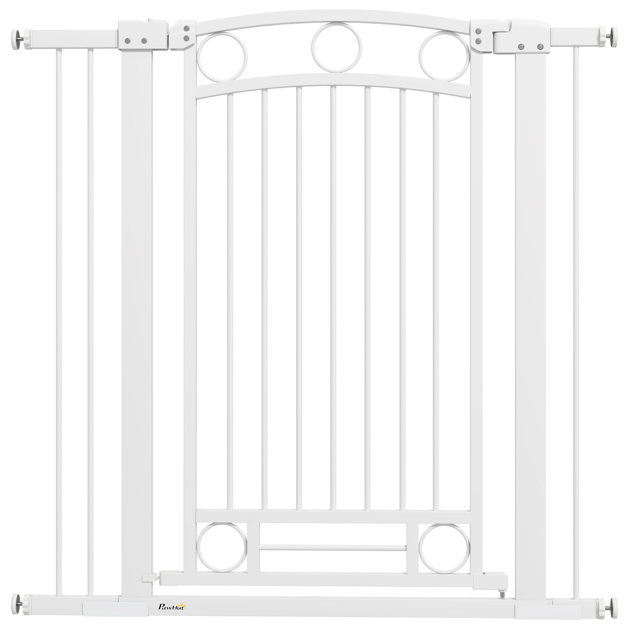Expandable Dog Safety Gate 76-104 cm for Doors and Stairs Pet Safety Gate Height 105 cm with Pressure Mounting Double Lock and 2 Extensions White