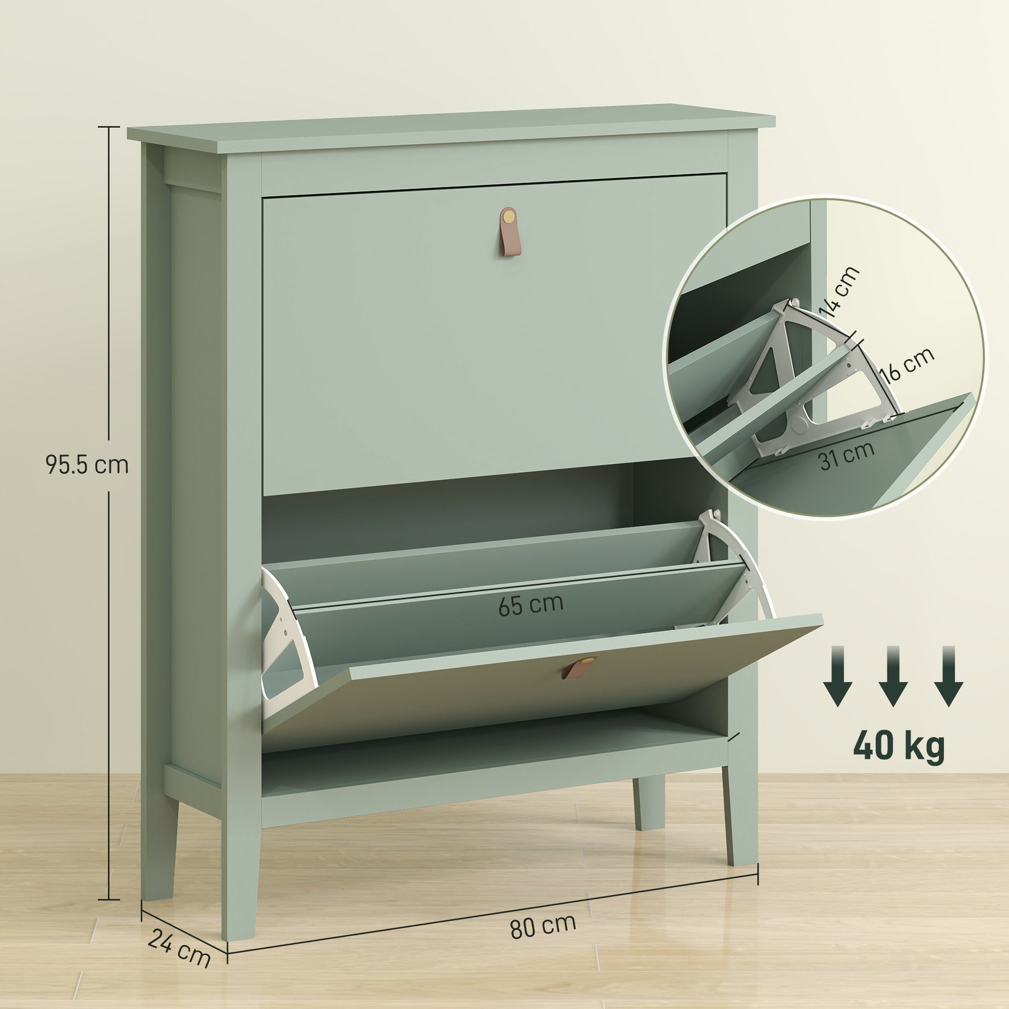 Space-Saving Shoe Cabinet with 2 Flip Drawers for 14 Pairs of Shoes, Entryway Furniture with Adjustable and Removable Shelves for Shoes Up to EU44 Size, 80x24x95.5cm, Green