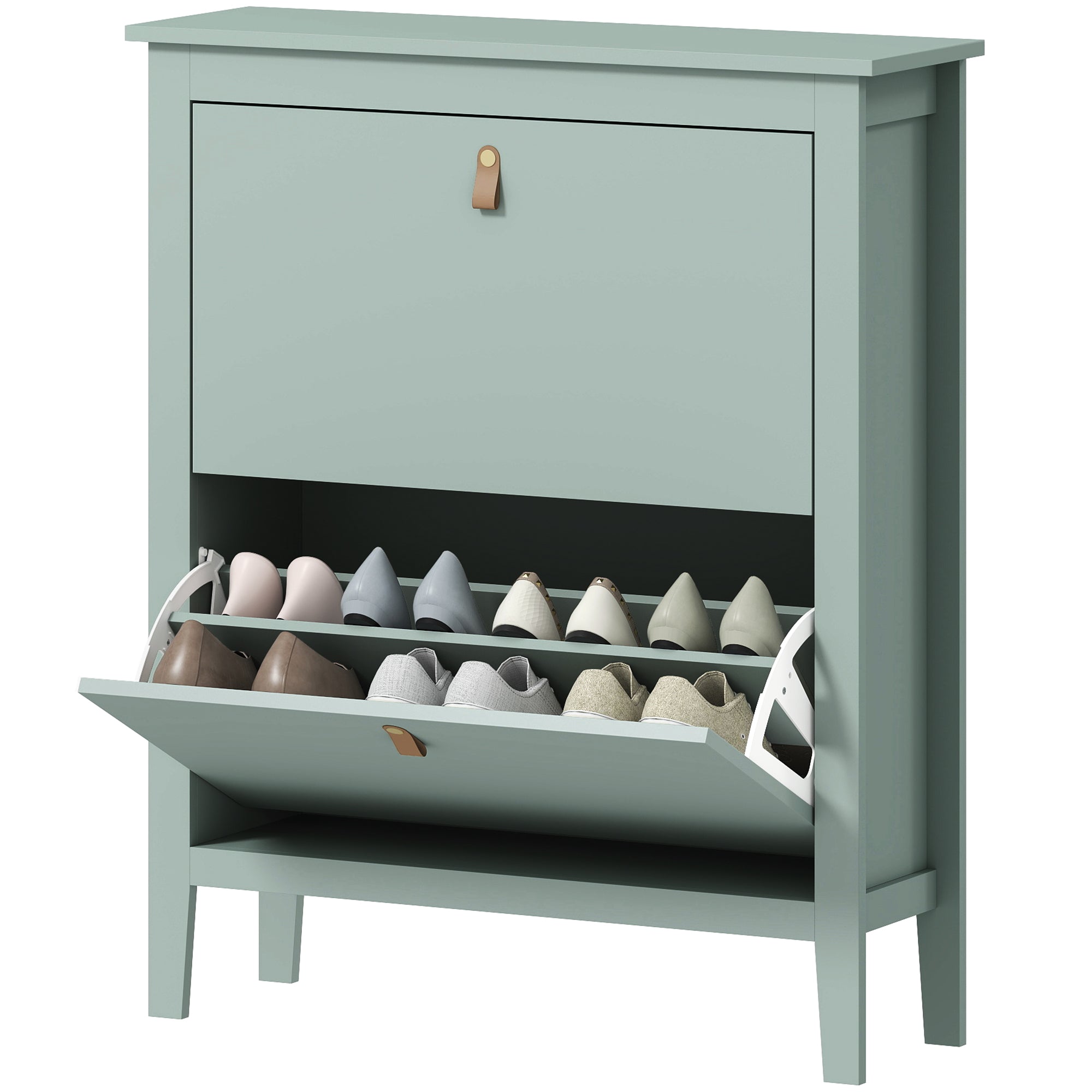 Space-Saving Shoe Cabinet with 2 Flip Drawers for 14 Pairs of Shoes, Entryway Furniture with Adjustable and Removable Shelves for Shoes Up to EU44 Size, 80x24x95.5cm, Green