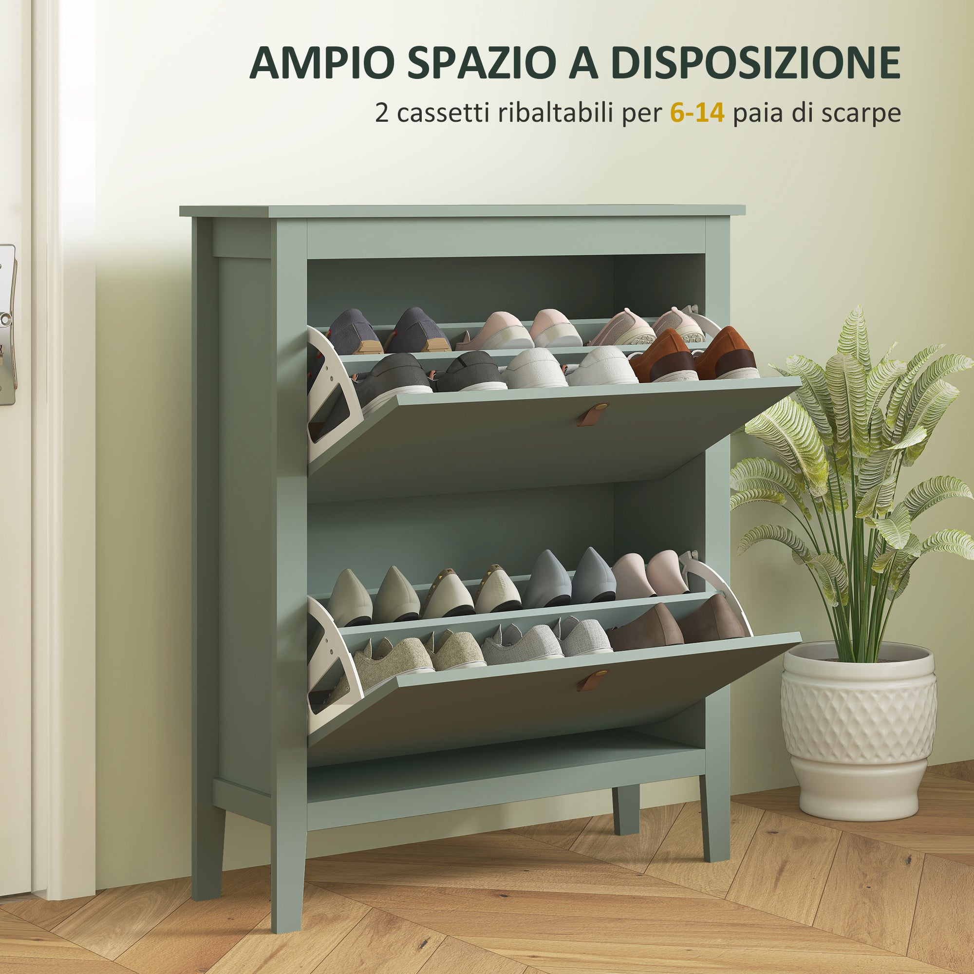 Space-Saving Shoe Cabinet with 2 Flip Drawers for 14 Pairs of Shoes, Entryway Furniture with Adjustable and Removable Shelves for Shoes Up to EU44 Size, 80x24x95.5cm, Green