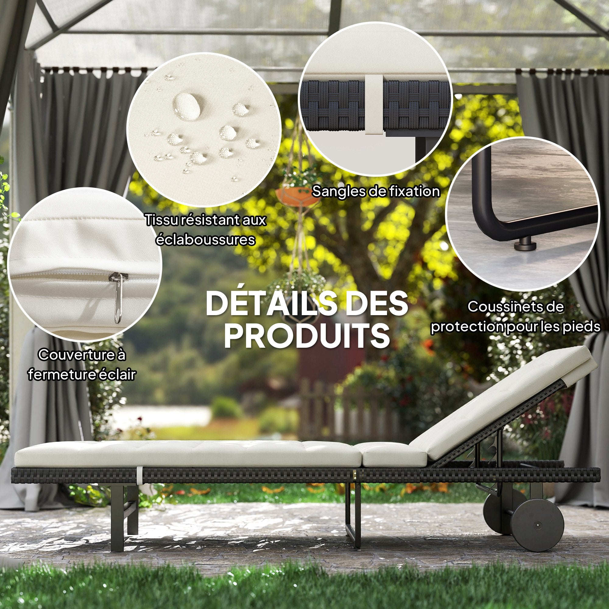 Sun Lounger with Cushion, Outdoor Garden Lounge Chair with Adjustable Backrest and Wheels for Beach Pool Terrace, 198 x 65 x 85 cm, Cream