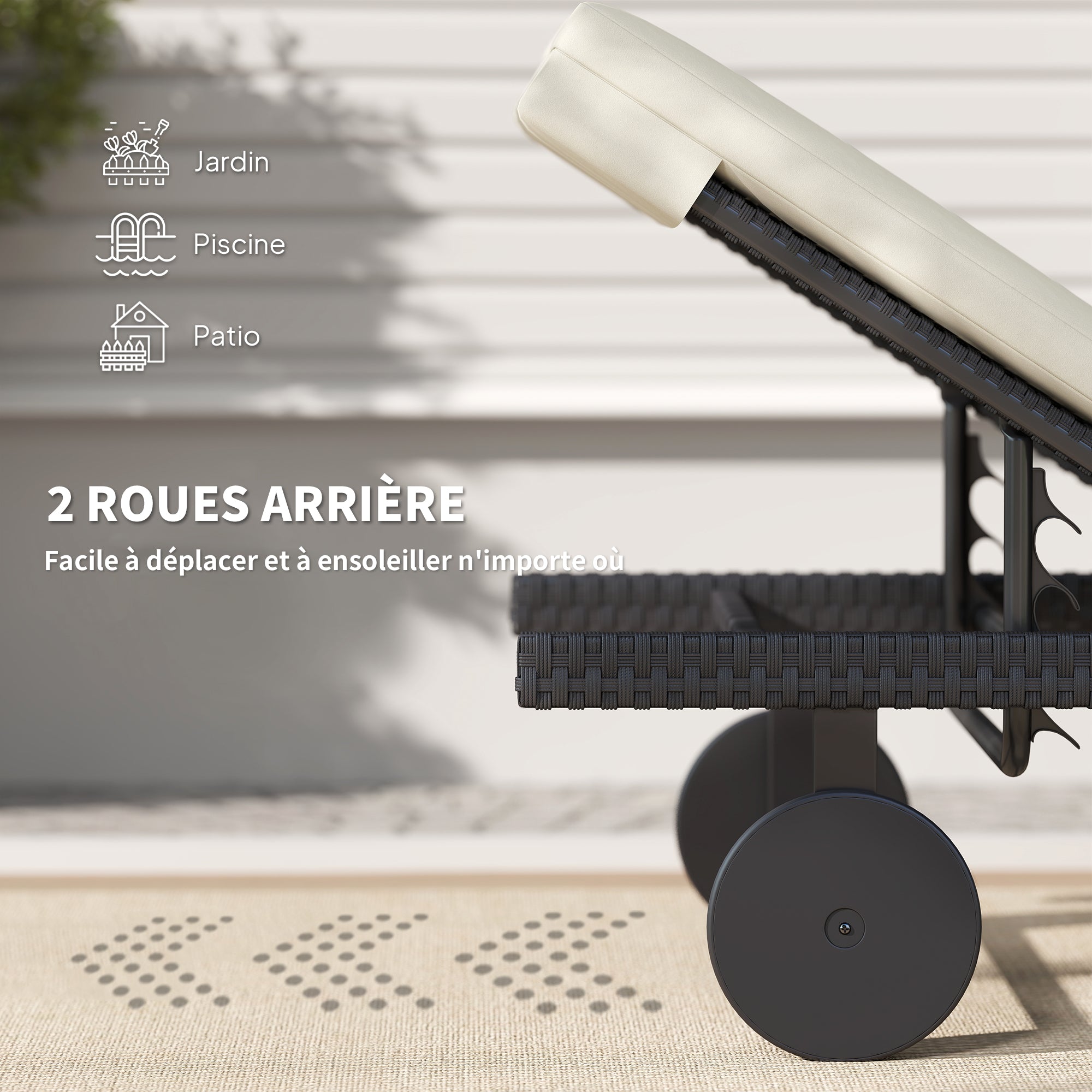 Sun Lounger with Cushion, Outdoor Garden Lounge Chair with Adjustable Backrest and Wheels for Beach Pool Terrace, 198 x 65 x 85 cm, Cream