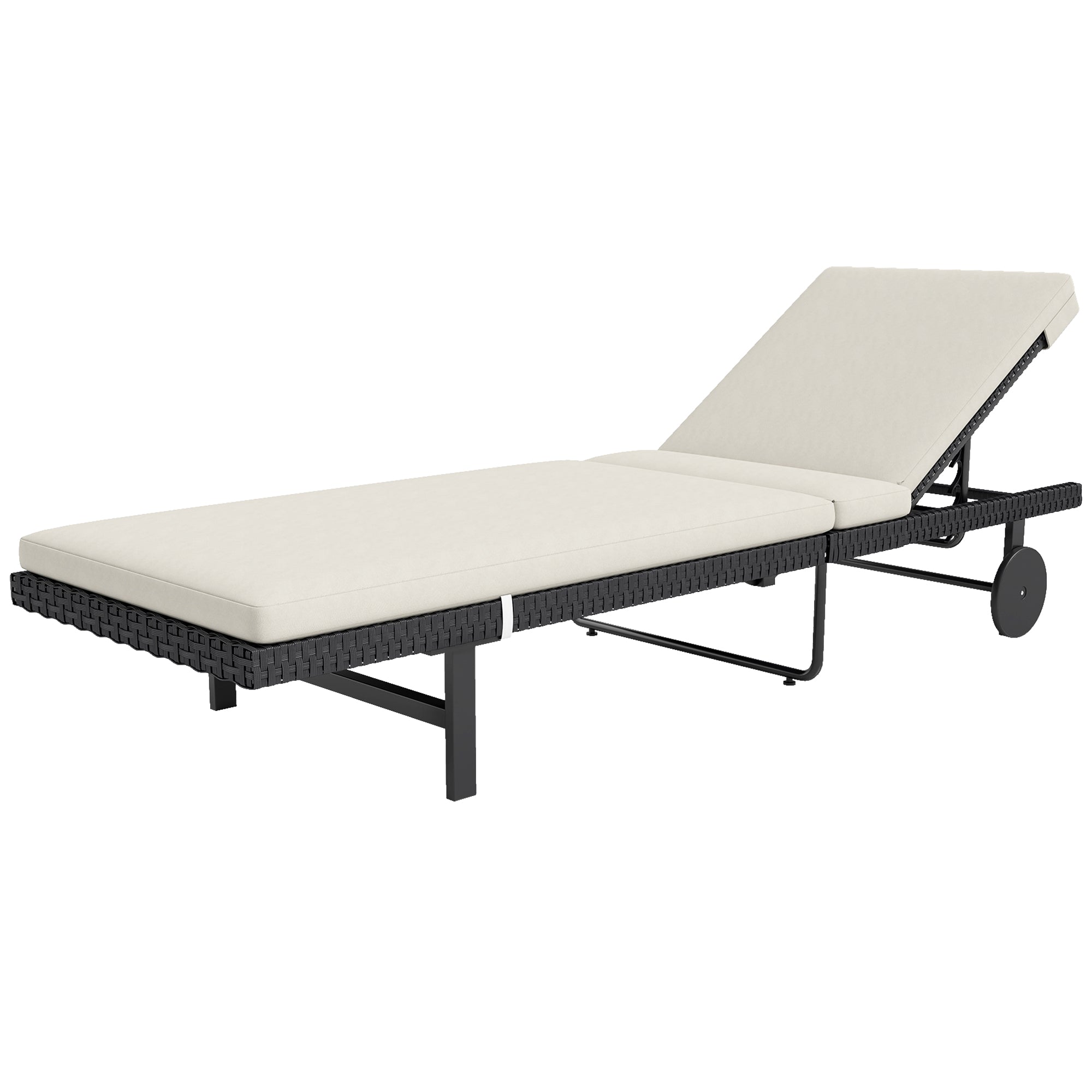 Sun Lounger with Cushion, Outdoor Garden Lounge Chair with Adjustable Backrest and Wheels for Beach Pool Terrace, 198 x 65 x 85 cm, Cream