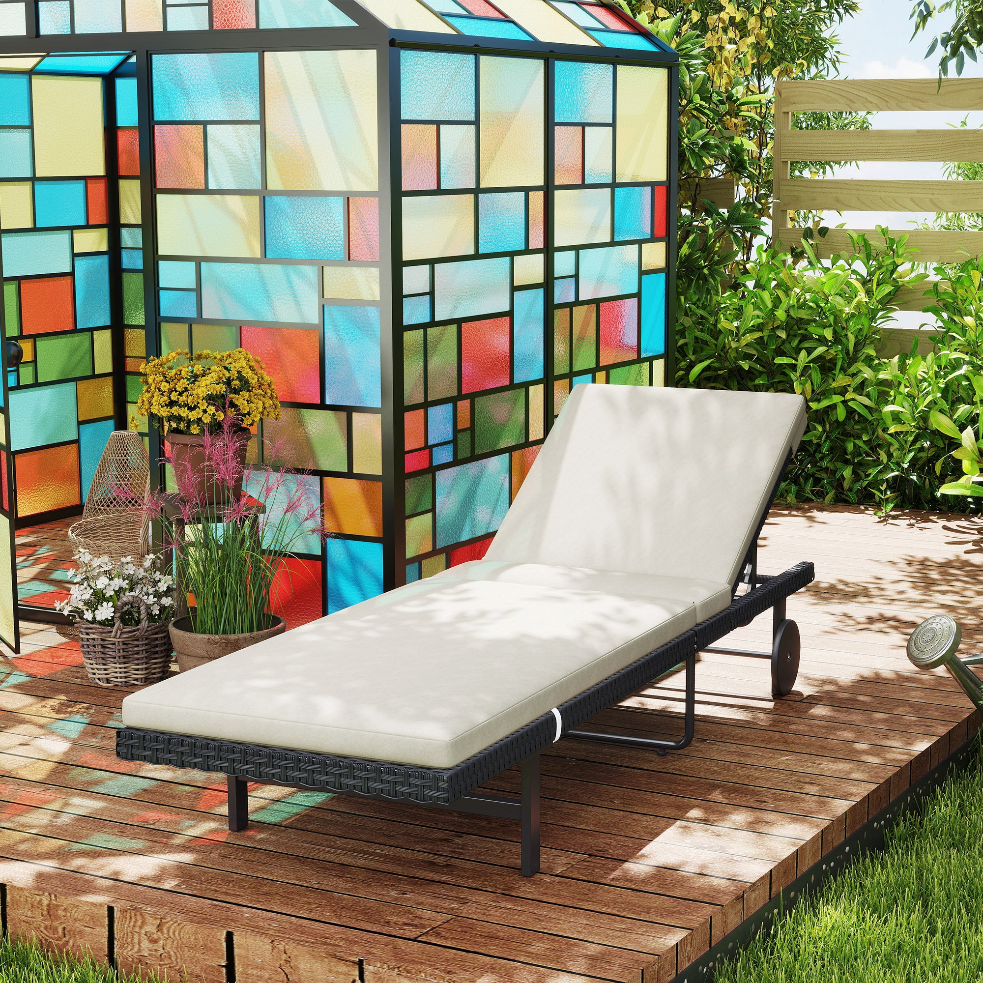 Sun Lounger with Cushion, Outdoor Garden Lounge Chair with Adjustable Backrest and Wheels for Beach Pool Terrace, 198 x 65 x 85 cm, Cream