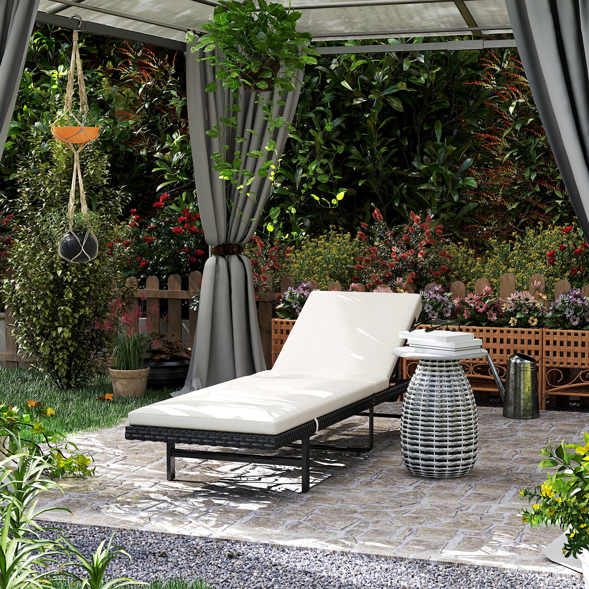 Sun Lounger with Cushion, Outdoor Garden Lounge Chair with Adjustable Backrest and Wheels for Beach Pool Terrace, 198 x 65 x 85 cm, Cream