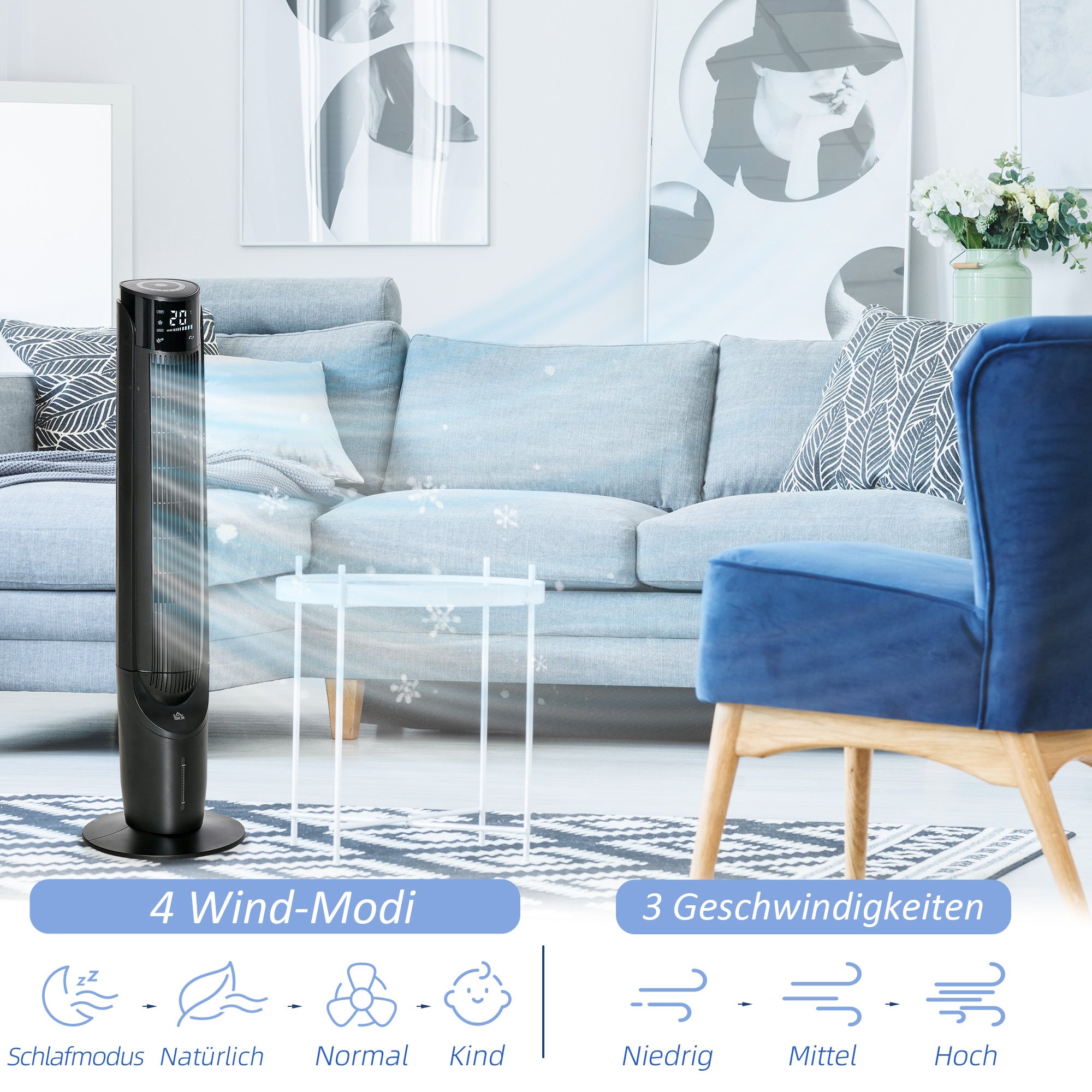 Air Cooler Tower Fan with Water Cooling Humidification 60W Quiet Stand Fan with 12h Timer, 4 Modes, Remote Control, LED Display for Living Room Black Ø31.5 x 107 cm