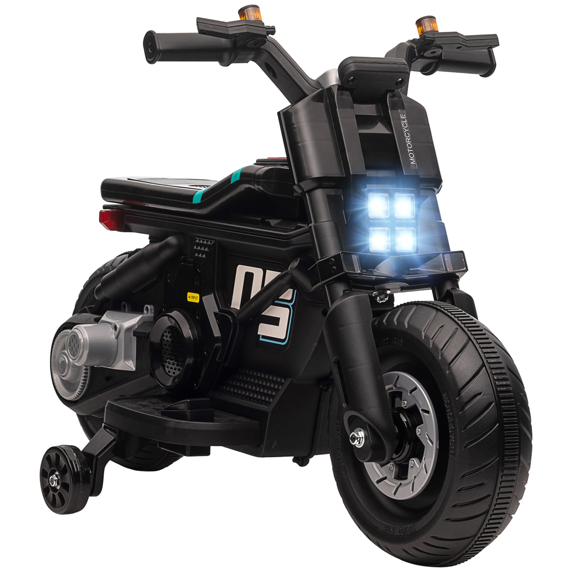 6V Electric Motorcycle for Children with Wheels, Horn, 4 Headlights, and Music, Electric Scooter for Children 3-5 Years in PP and Metal, Speed 3 km/h, 86x44x58 cm, Black