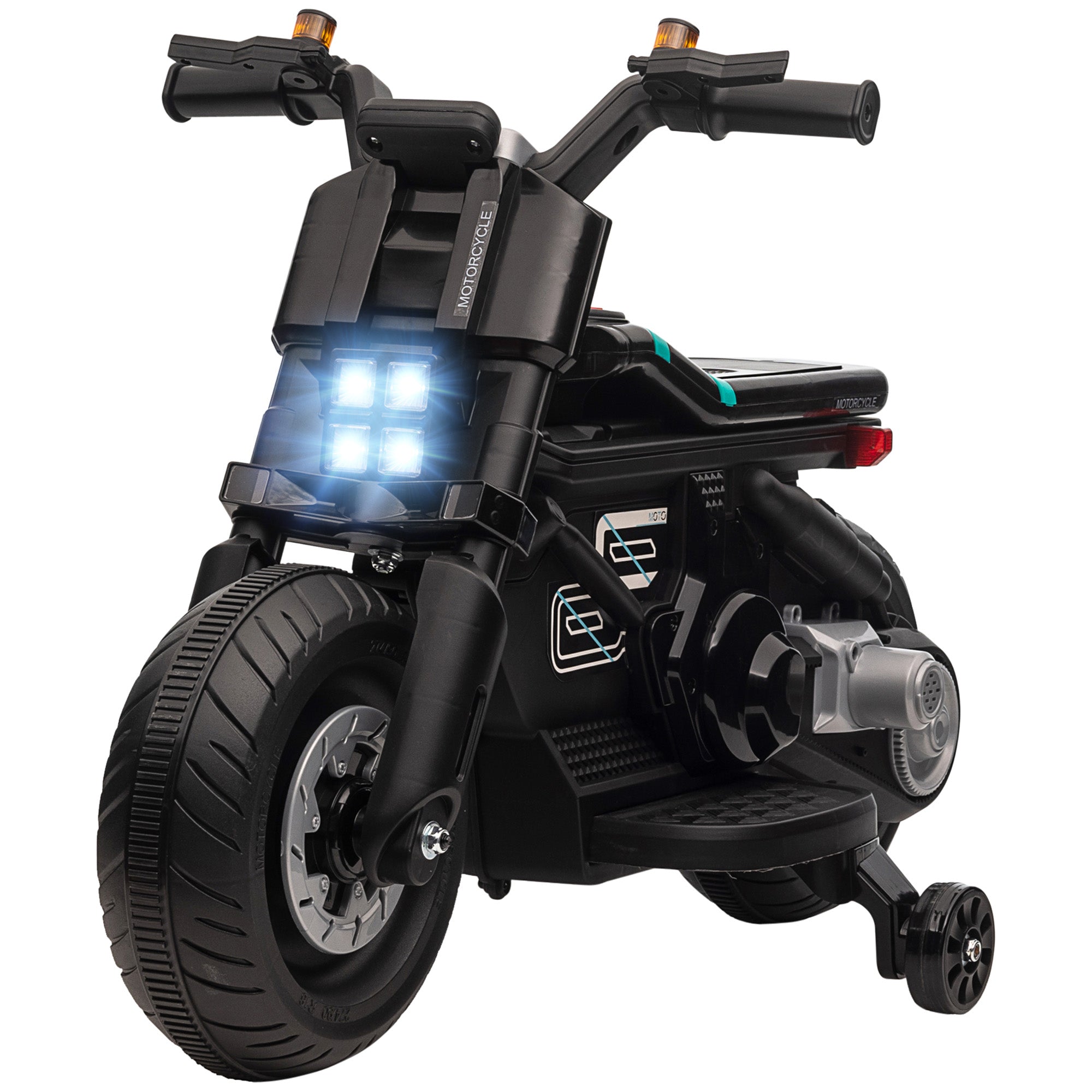 6V Electric Motorcycle for Children with Wheels, Horn, 4 Headlights, and Music, Electric Scooter for Children 3-5 Years in PP and Metal, Speed 3 km/h, 86x44x58 cm, Black
