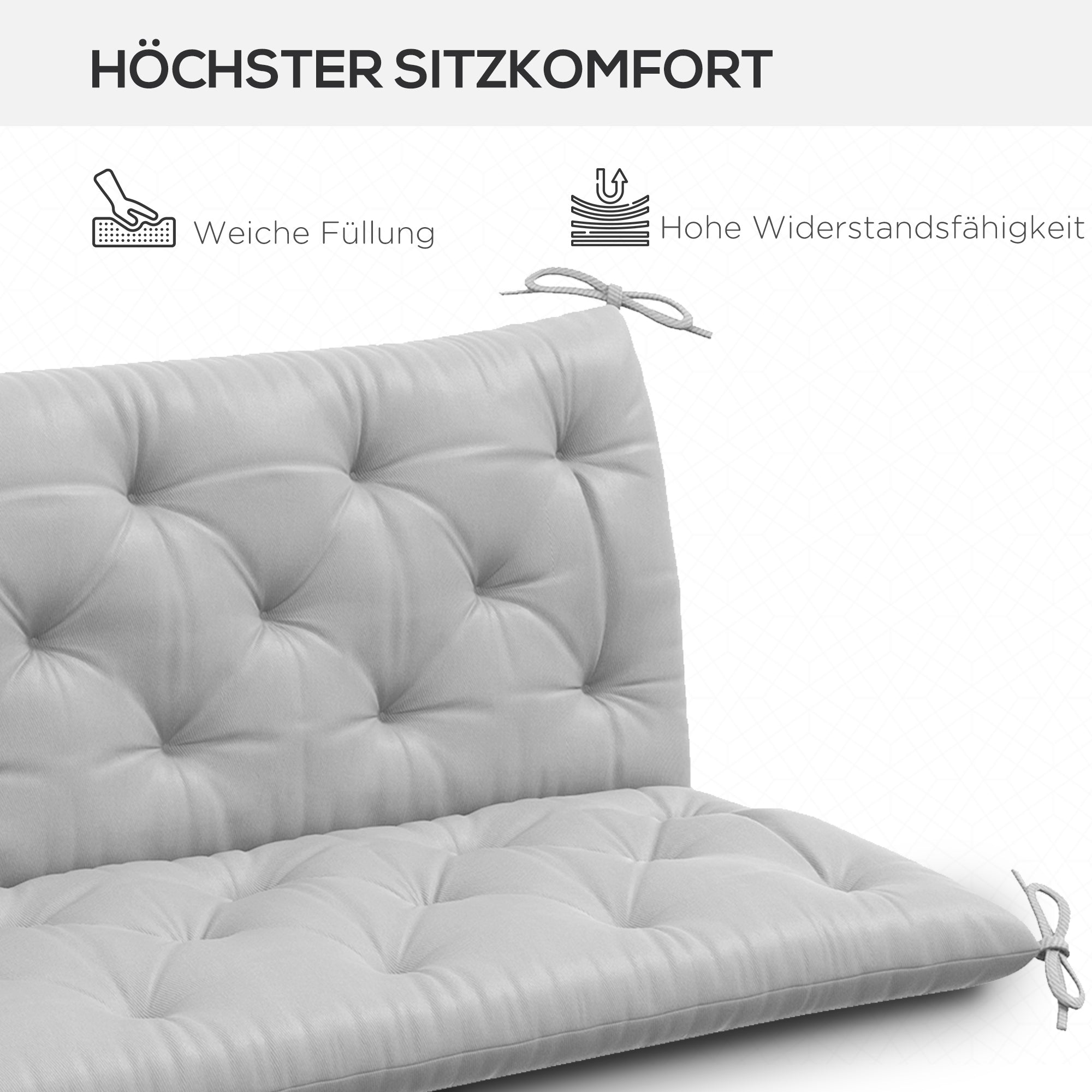 3 Seater Bench Cushion 150x98x8 cm, Bench Cushion with Straps, Seat Cushion, Outdoor/Indoor Chair Cushion, Seat Pad, Seat Cushion for Garden Furniture, Window Bench, Swing Bench, Light Gray