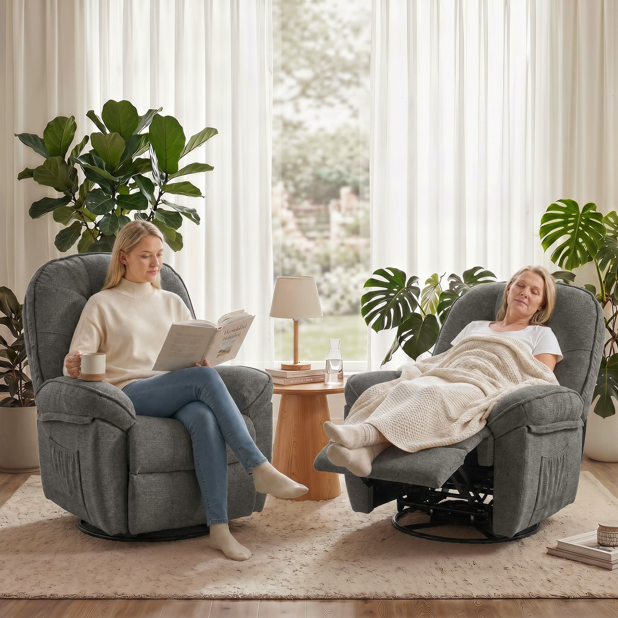 Relax Recliner, 360° Swivel & Rocking Chair, Manual Chenille Armchair with Wide Seat, High Back, Footrest & Side Pockets, Light Gray