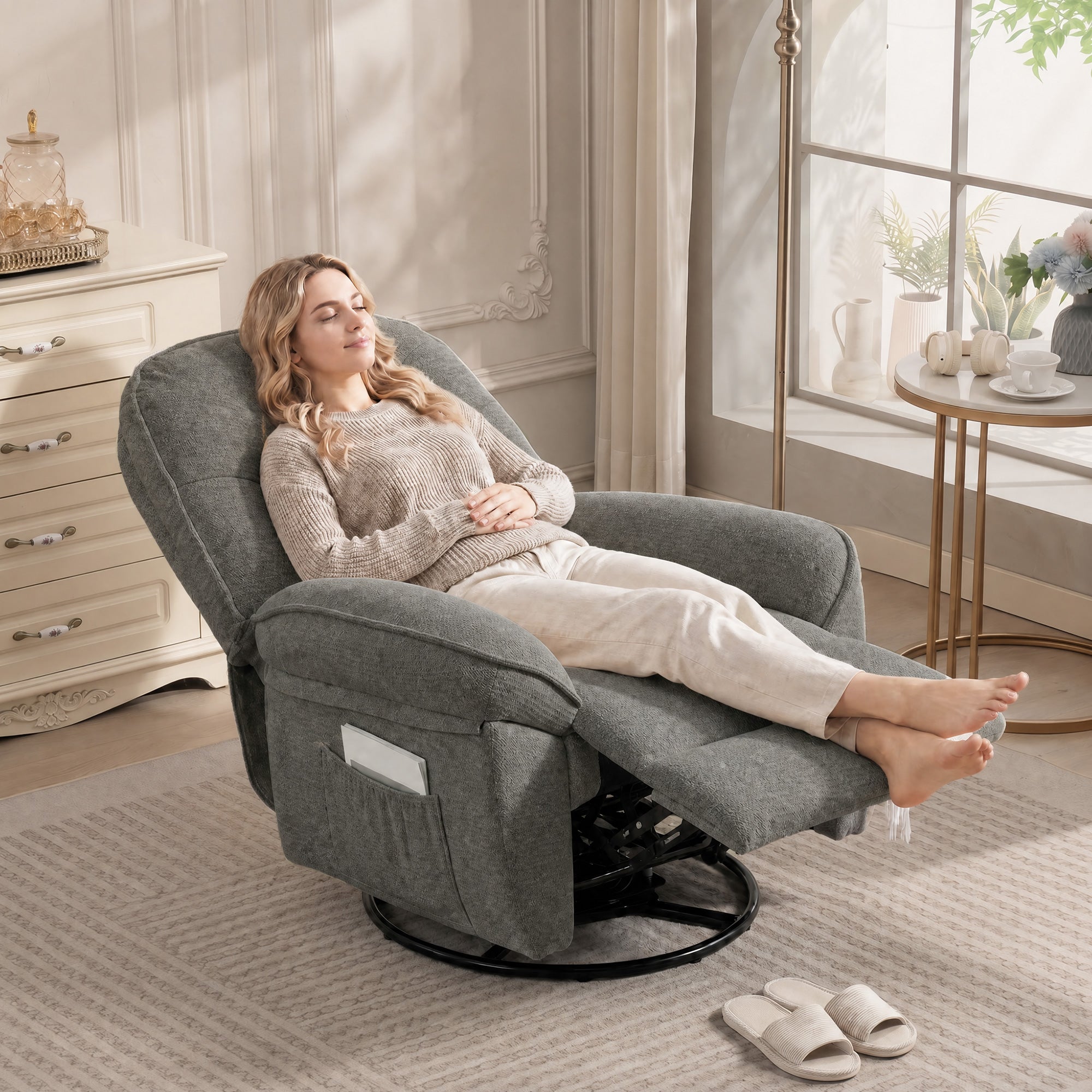 Relax Recliner, 360° Swivel & Rocking Chair, Manual Chenille Armchair with Wide Seat, High Back, Footrest & Side Pockets, Light Gray
