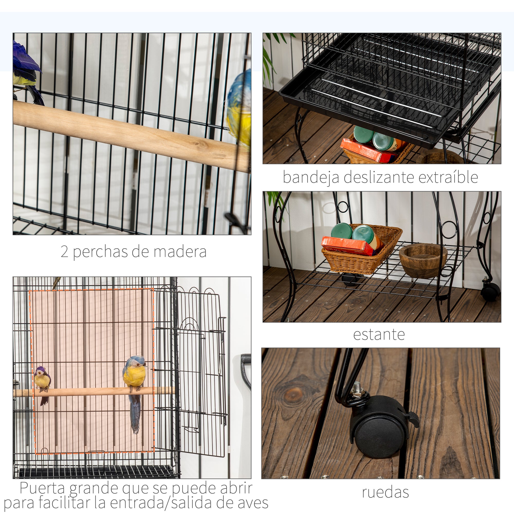 Bird Cage with Stand and Wheels Large Steel Cage with Removable Tray 4 Doors and 2 Feeders for Parrots Macaws 51x51x153 cm Black