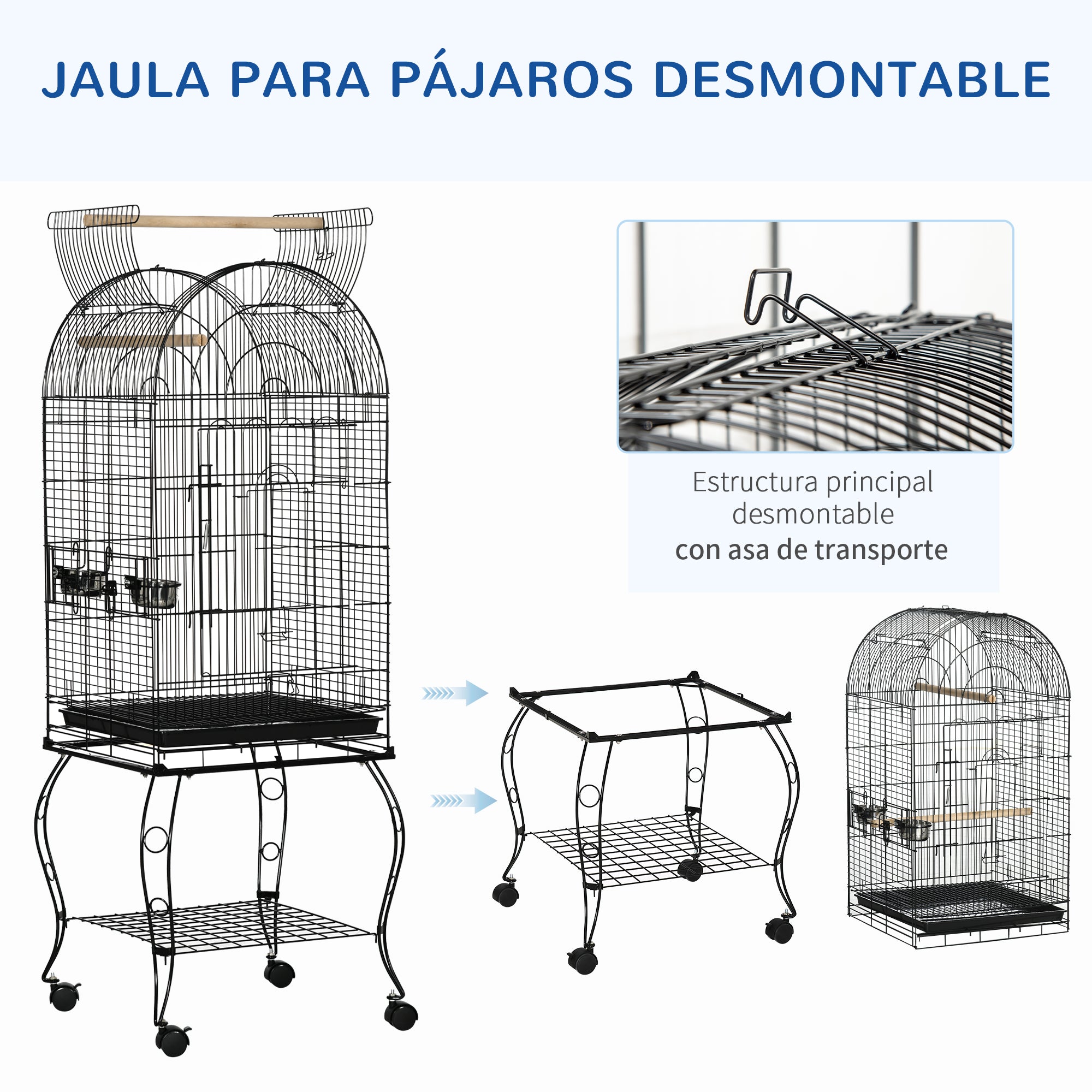 Bird Cage with Stand and Wheels Large Steel Cage with Removable Tray 4 Doors and 2 Feeders for Parrots Macaws 51x51x153 cm Black