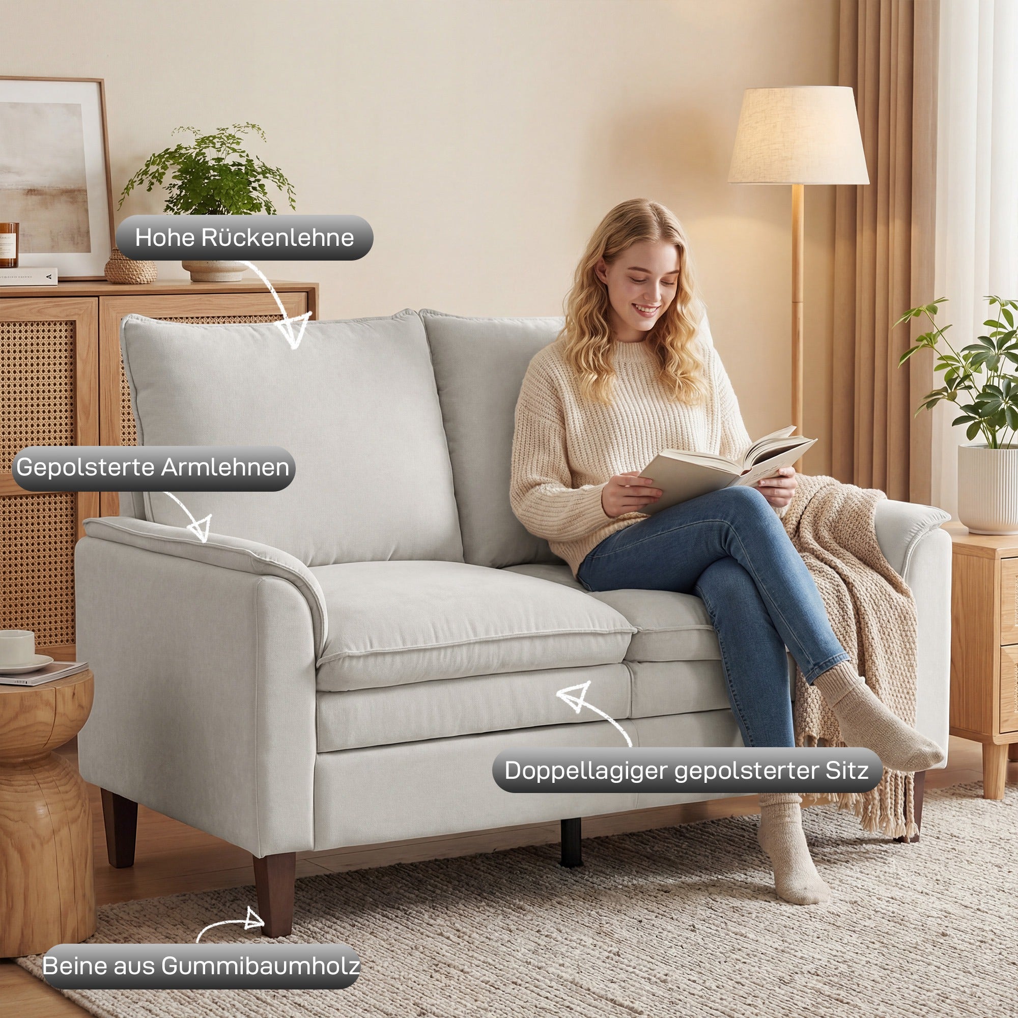 57.5 in 2-Seater Loveseat Sofa, Modern Chenille with Dual-Layer Cushioning, Pocket-Spring Seat, Deep Seating, High Back & Rubberwood Legs – Cream White