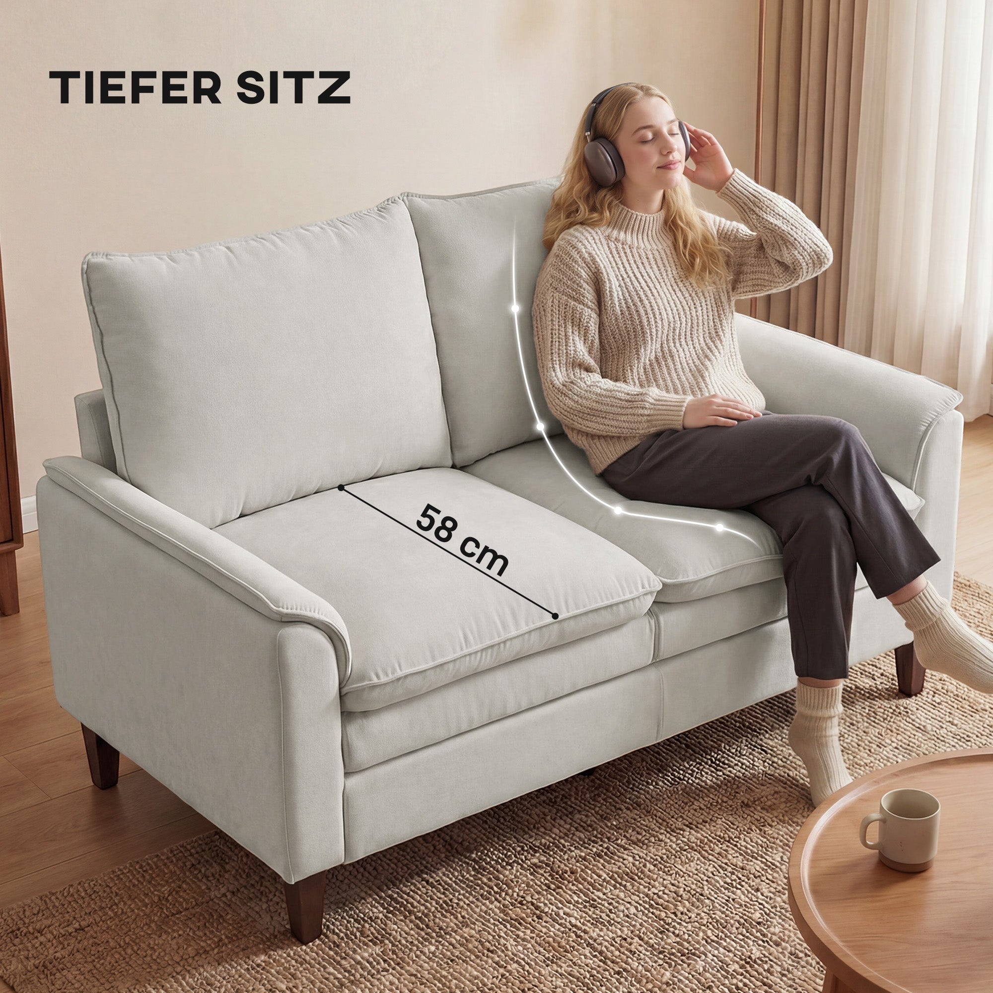 57.5 in 2-Seater Loveseat Sofa, Modern Chenille with Dual-Layer Cushioning, Pocket-Spring Seat, Deep Seating, High Back & Rubberwood Legs – Cream White