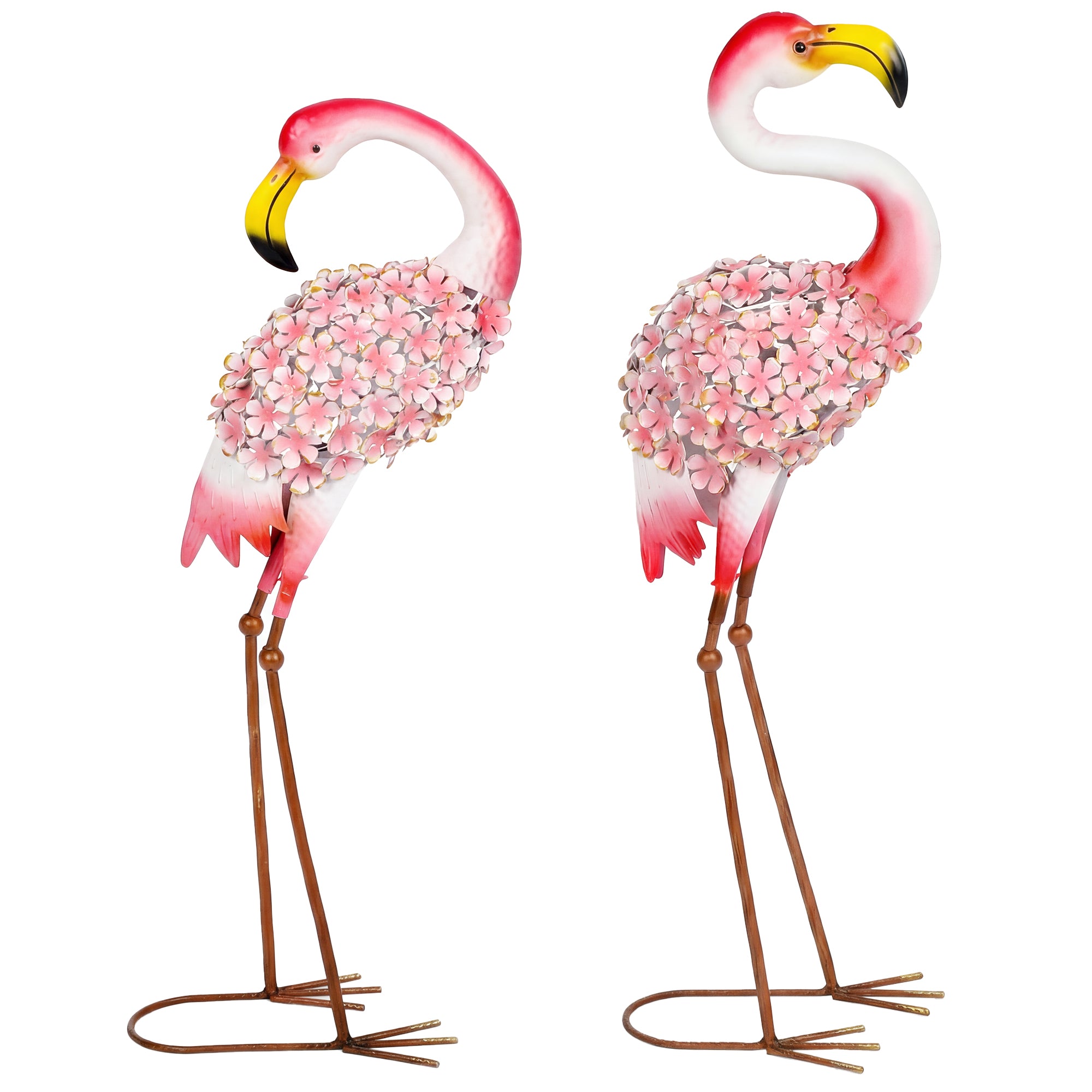 Flamingo Garden Statues Set of 2 — Metal Floral-Feather Birds with U-Stakes, Lawn & Pond Decorations, Red