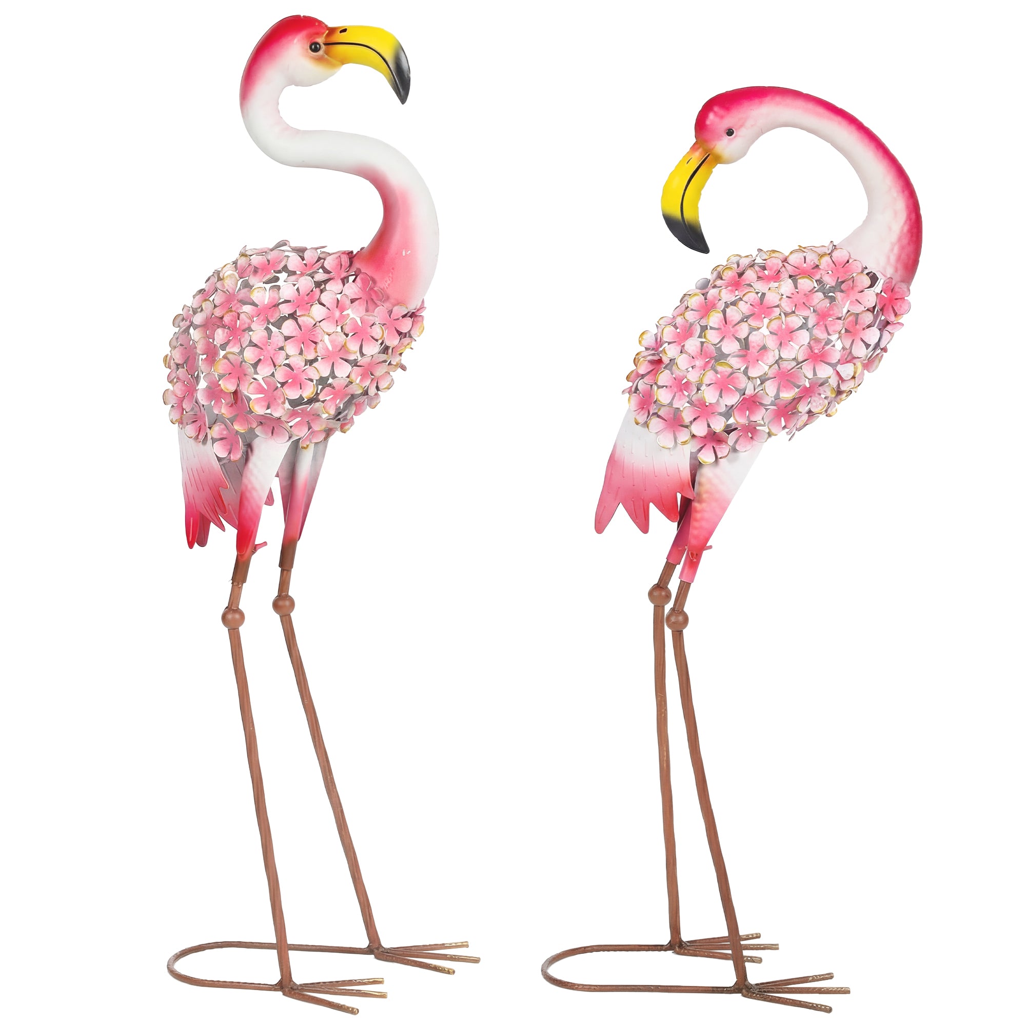 Flamingo Garden Statues Set of 2 — Metal Floral-Feather Birds with U-Stakes, Lawn & Pond Decorations, Red