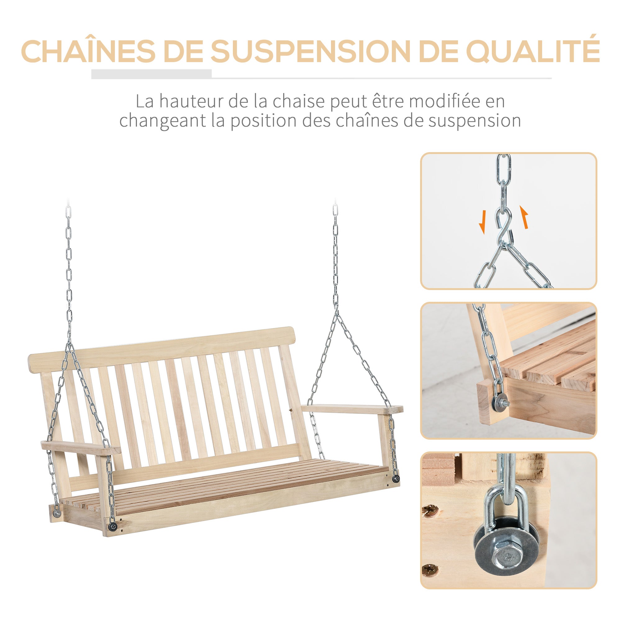 2-Seater Hanging Bench Swing for Garden, Wooden Slatted Seat and Backrest, Holds up to 200 kg, Outdoor Porch Swing, Balcony, Terrace, Natural Wood