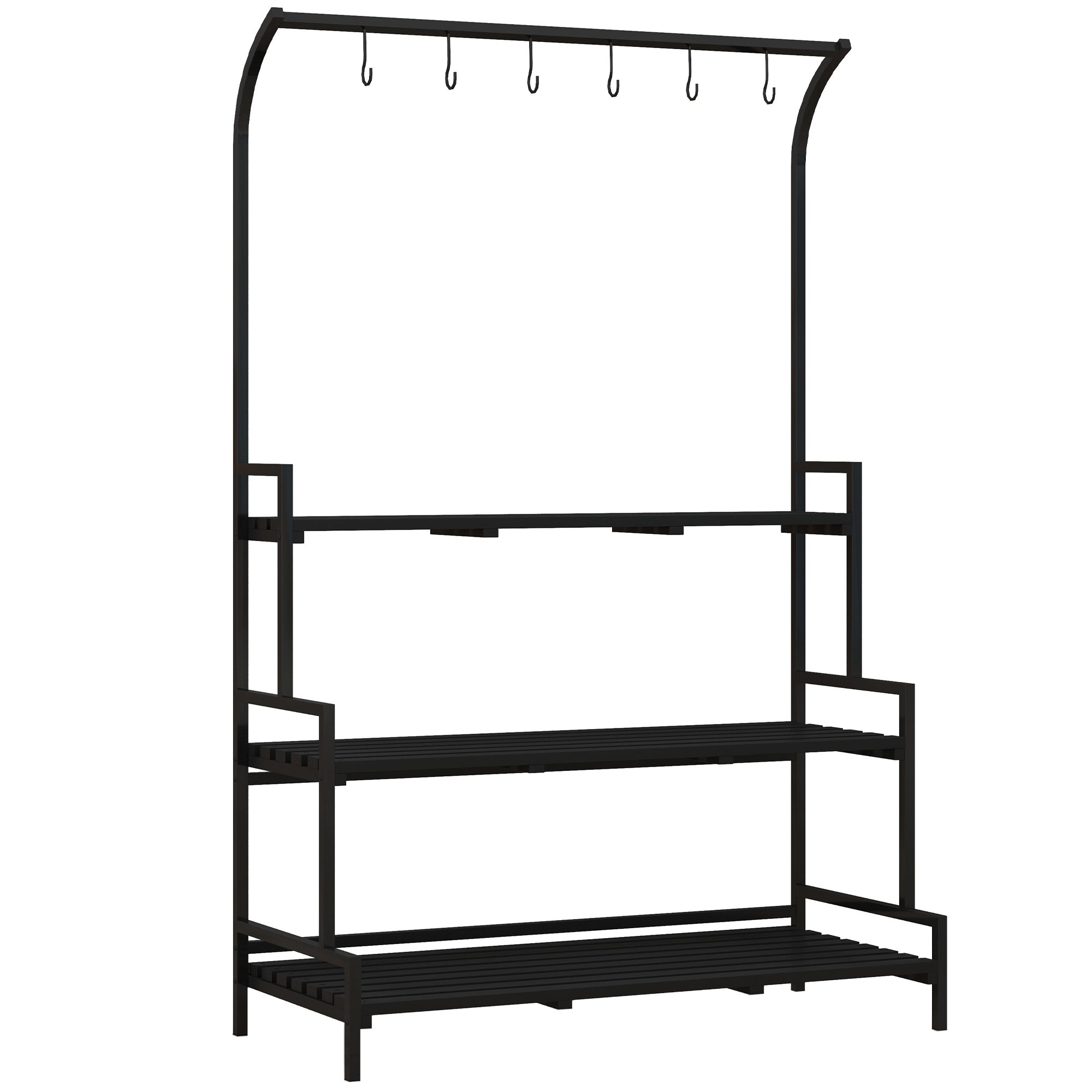 3-Tier Plant Stand, 170 cm High Flower Stand with Hooks, Flower Rack for Indoor, Steel Plant Stand, Flower Steps Plant Pot Stand for Living Room, Garden Balcony Decor, Black
