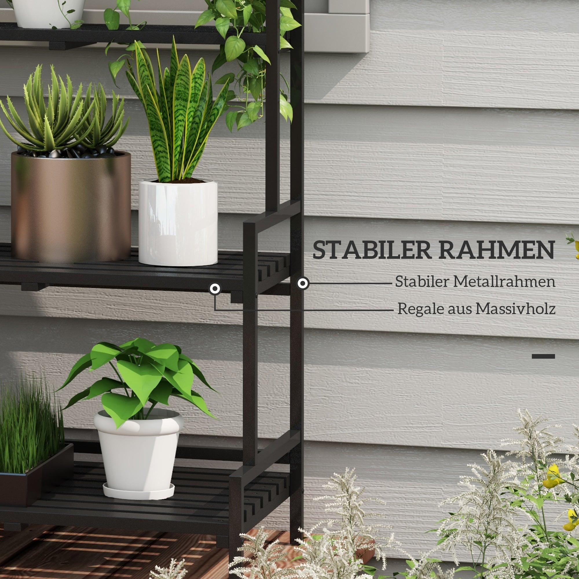3-Tier Plant Stand, 170 cm High Flower Stand with Hooks, Flower Rack for Indoor, Steel Plant Stand, Flower Steps Plant Pot Stand for Living Room, Garden Balcony Decor, Black