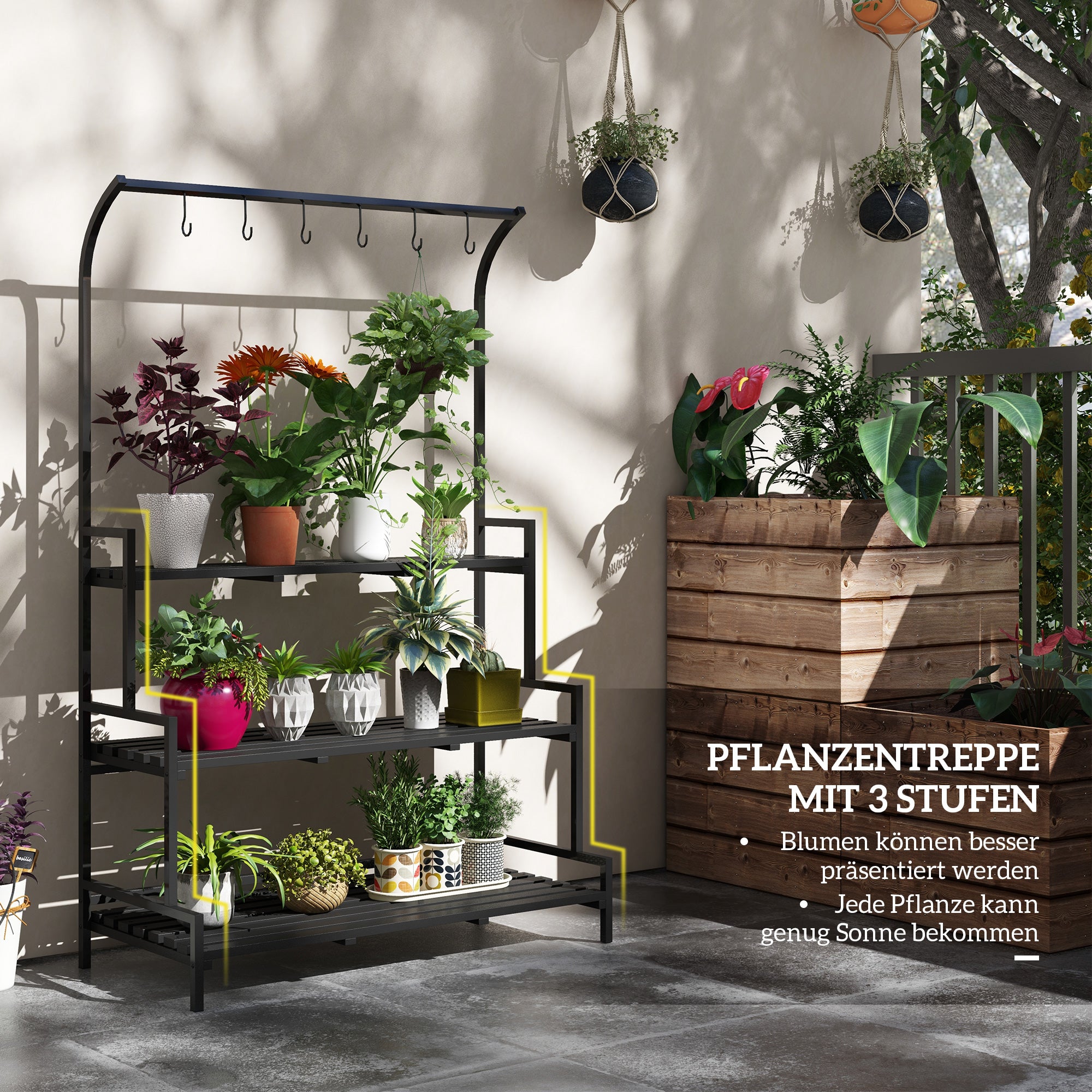 3-Tier Plant Stand, 170 cm High Flower Stand with Hooks, Flower Rack for Indoor, Steel Plant Stand, Flower Steps Plant Pot Stand for Living Room, Garden Balcony Decor, Black