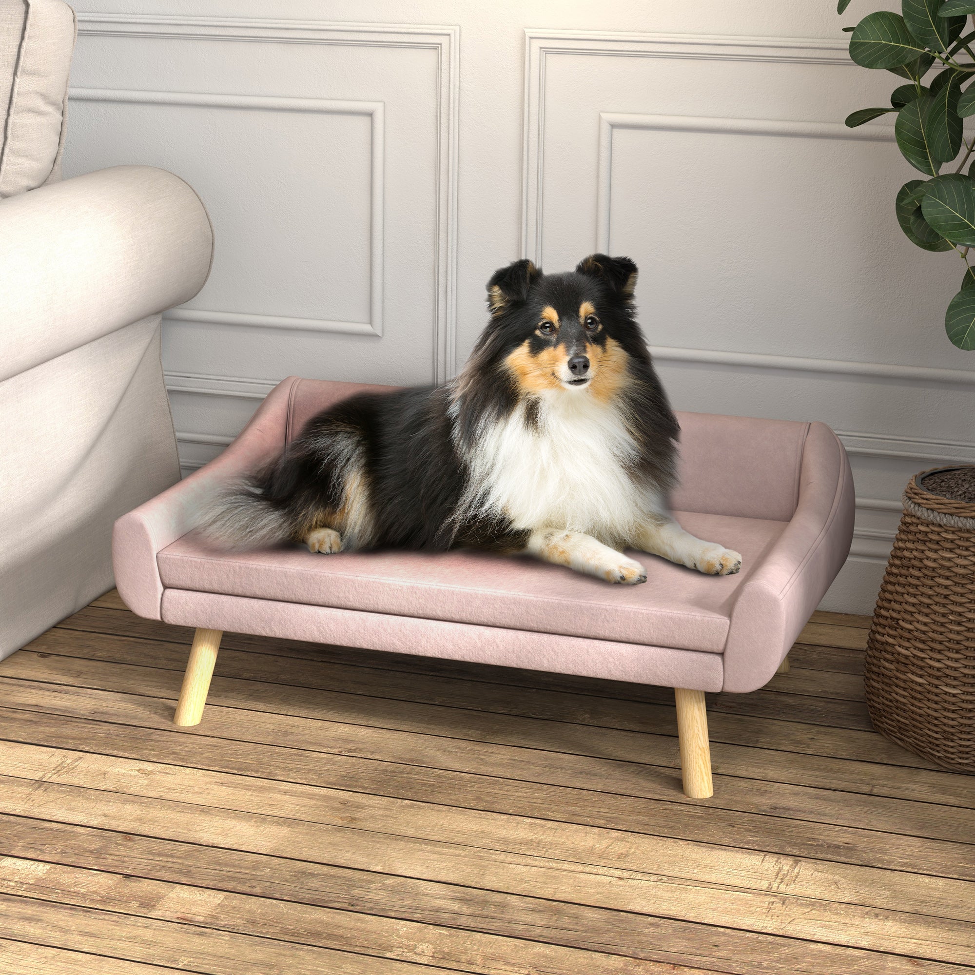 Dog Sofa Cat Sofa with Backrest, Pet Couch with Wooden Legs, Pet Sofa with Cushion, Dog Bed for Medium and Large Dogs, Velvet, Pink, 102 x 58.5 x 42.5 cm