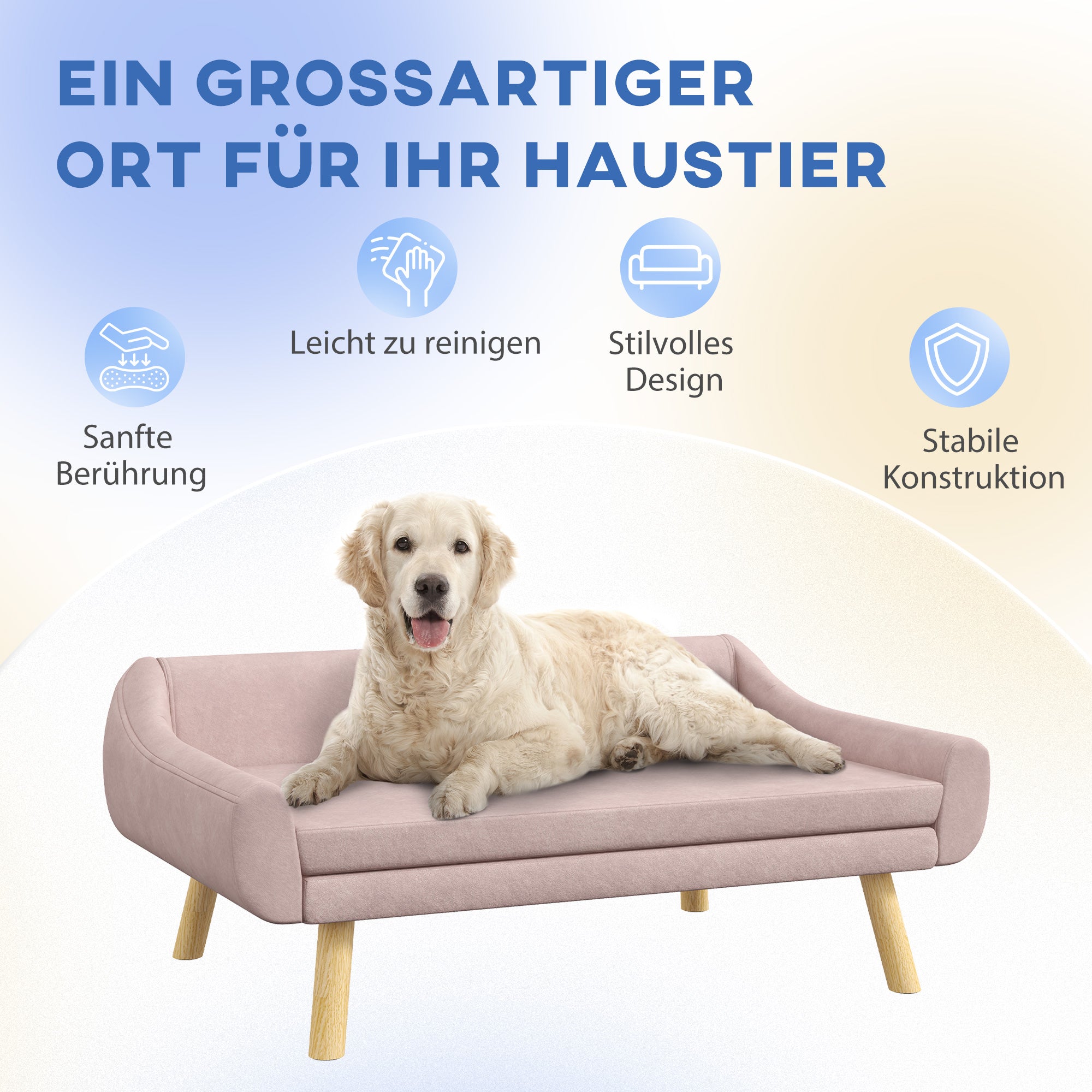 Dog Sofa Cat Sofa with Backrest, Pet Couch with Wooden Legs, Pet Sofa with Cushion, Dog Bed for Medium and Large Dogs, Velvet, Pink, 102 x 58.5 x 42.5 cm