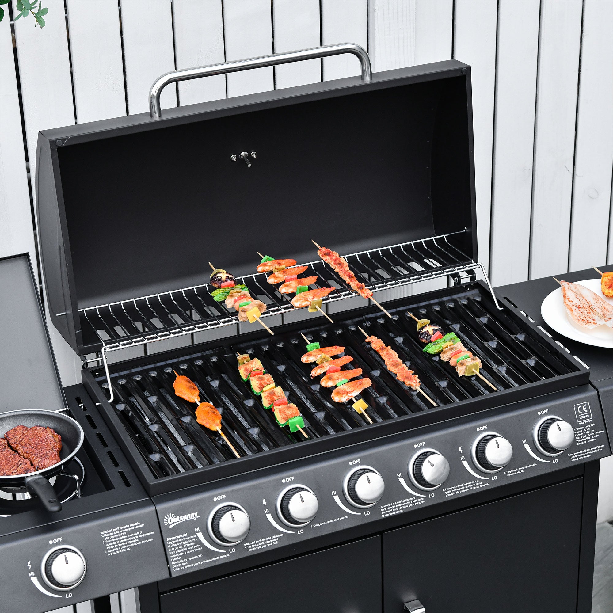 Gas Grill 20KW Barbecue Trolley incl 7 Stainless Steel Burners Side Burner Pressure Regulator Gas Hose Lid 2 Heating Zones Thermometer Side Shelves, BBQ Garden Grill for Balcony, Camping 135 x 50 x 100 cm