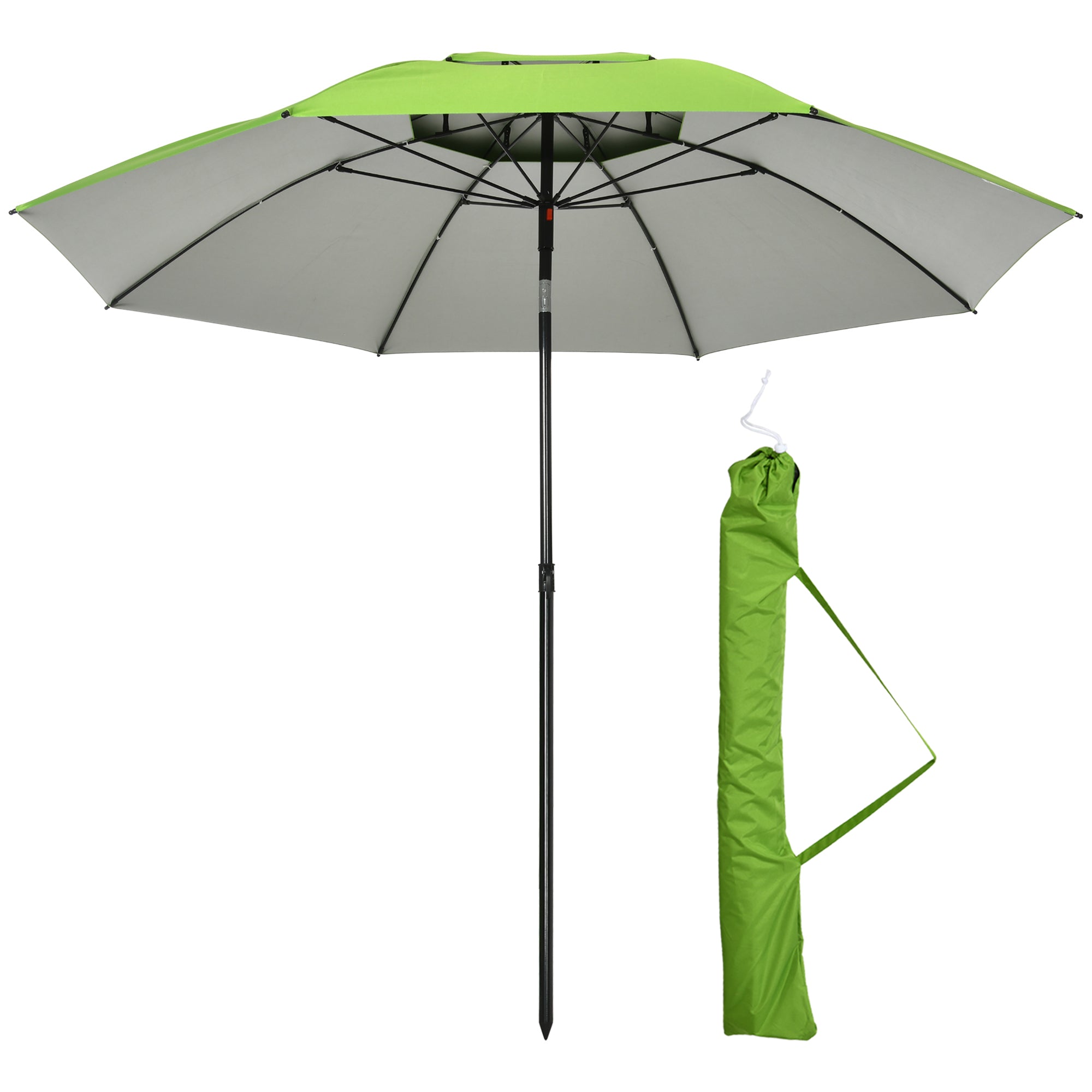 Beach Umbrella Outdoor Round Tiltable Metal UV30 Protection, 8 Steel Ribs and Carrying Bag Included, Ø185 cm, Green
