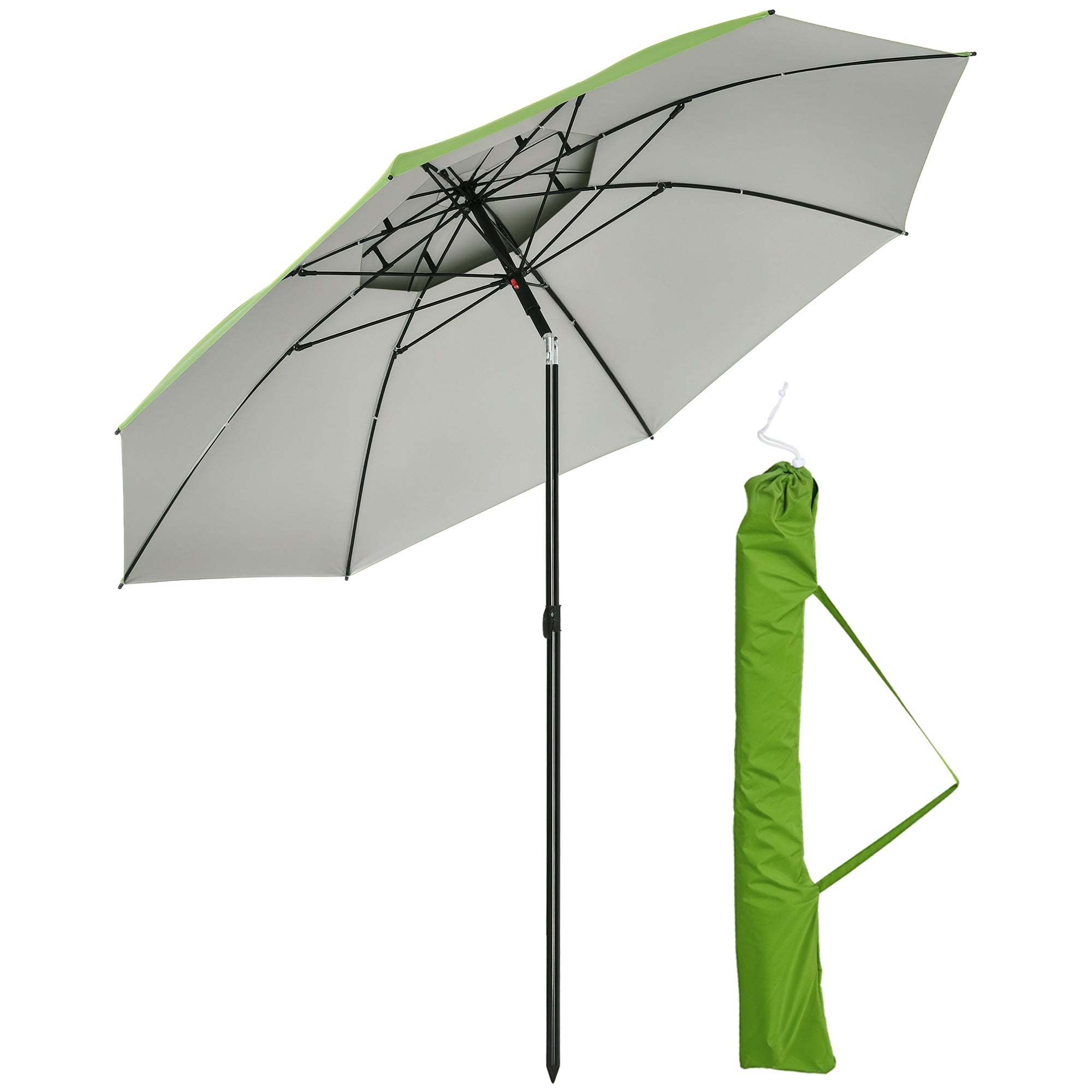 Beach Umbrella Outdoor Round Tiltable Metal UV30 Protection, 8 Steel Ribs and Carrying Bag Included, Ø185 cm, Green