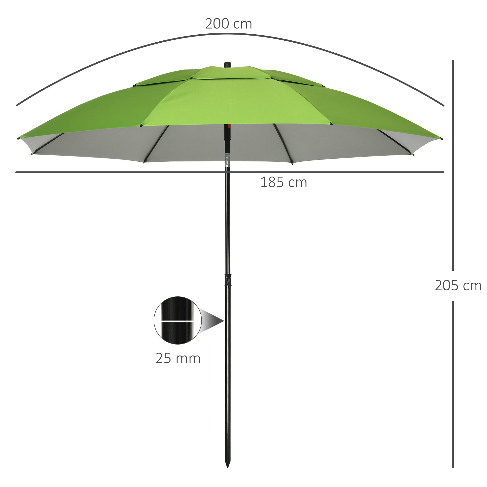 Beach Umbrella Outdoor Round Tiltable Metal UV30 Protection, 8 Steel Ribs and Carrying Bag Included, Ø185 cm, Green
