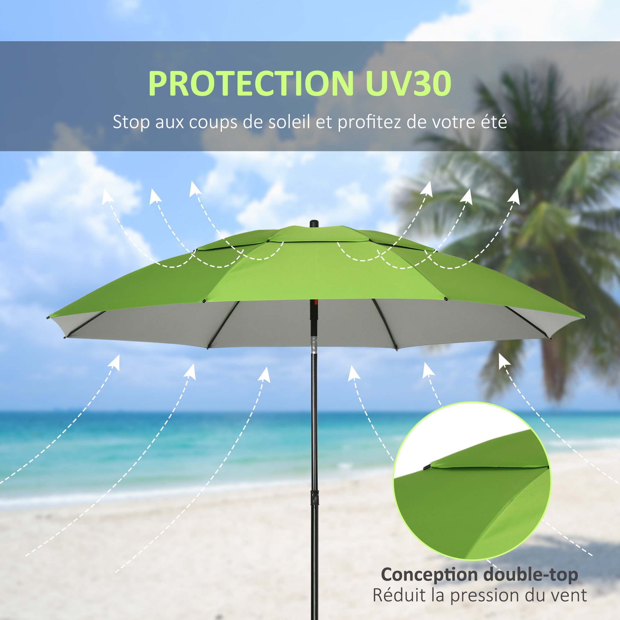 Beach Umbrella Outdoor Round Tiltable Metal UV30 Protection, 8 Steel Ribs and Carrying Bag Included, Ø185 cm, Green
