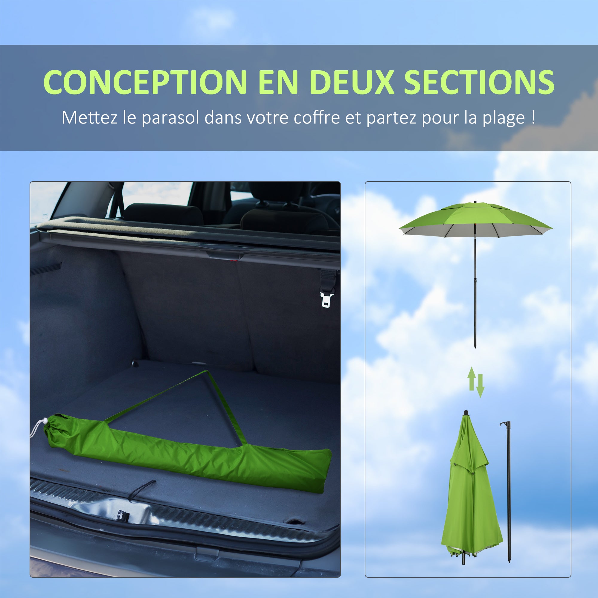 Beach Umbrella Outdoor Round Tiltable Metal UV30 Protection, 8 Steel Ribs and Carrying Bag Included, Ø185 cm, Green