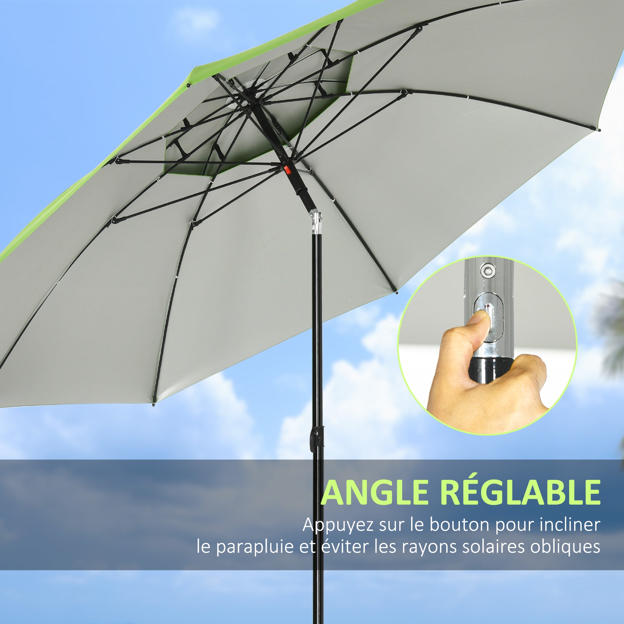 Beach Umbrella Outdoor Round Tiltable Metal UV30 Protection, 8 Steel Ribs and Carrying Bag Included, Ø185 cm, Green
